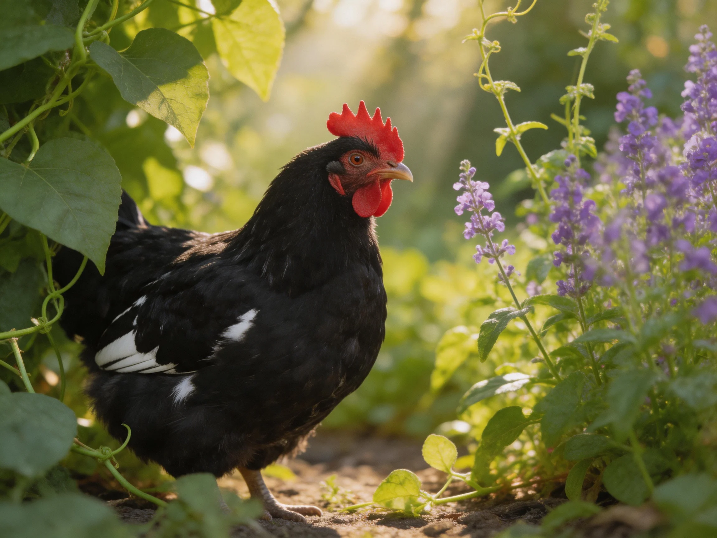 A black chicken with white markings near lush greenery and purple flowers