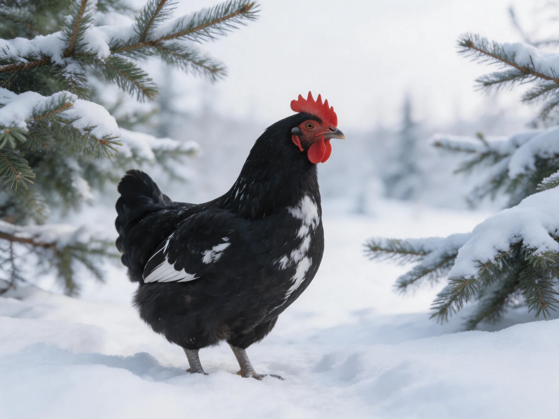A black chicken with white patches stands among snow-covered pine trees