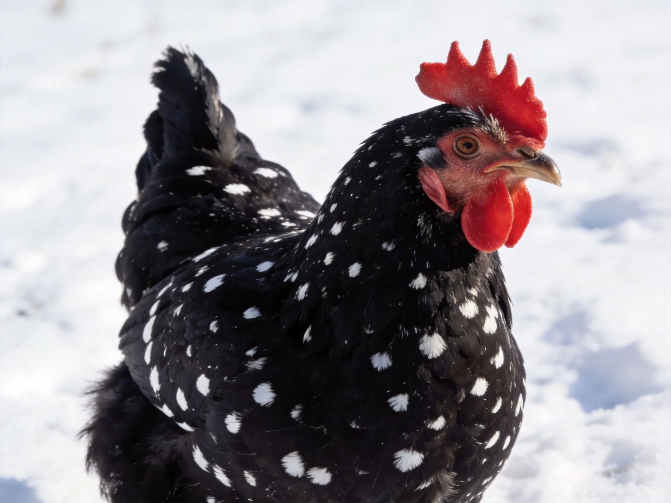 A black chicken with white spots and red comb on snow