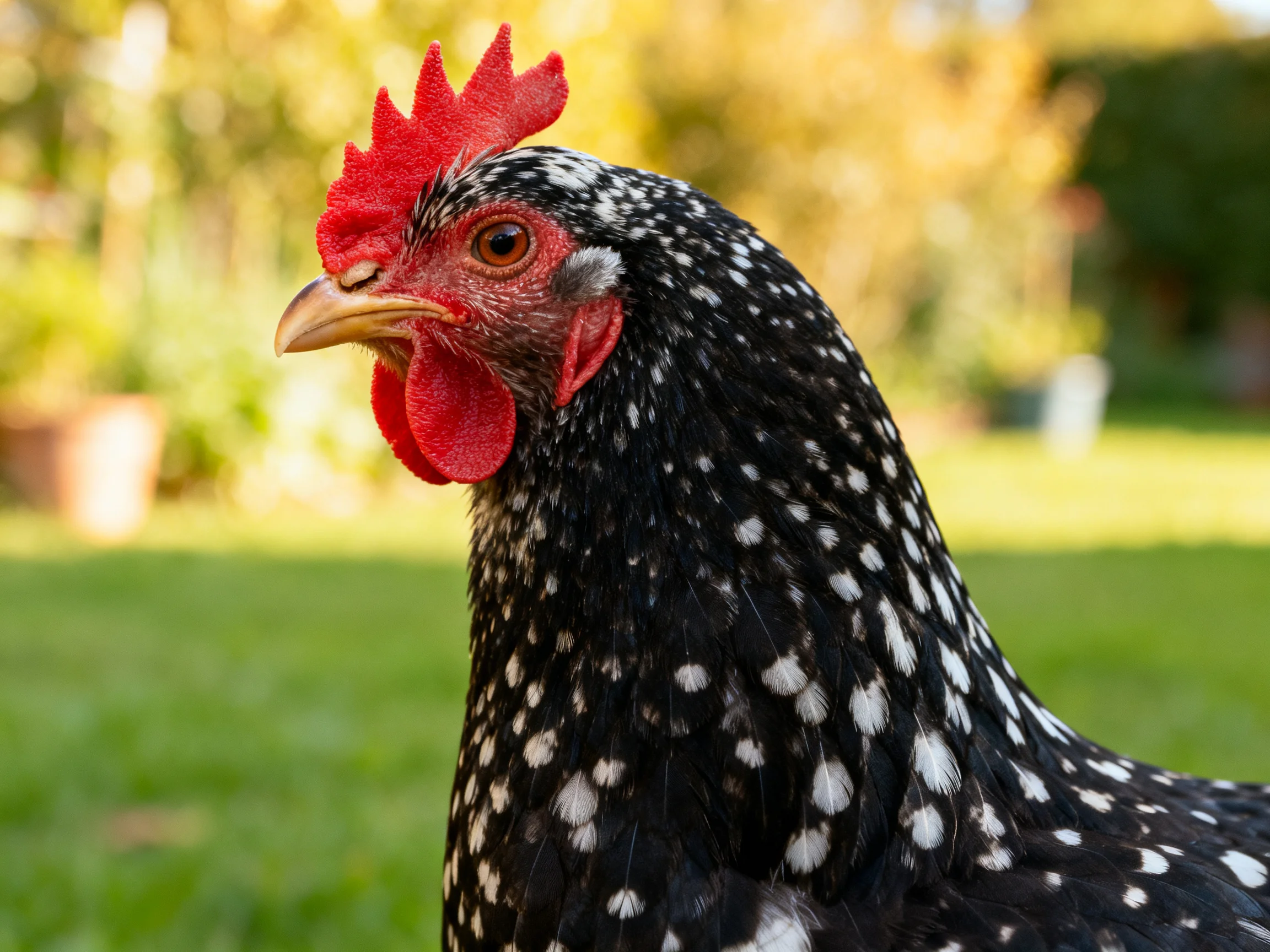 A black chicken with white spots has bright red comb and wattle