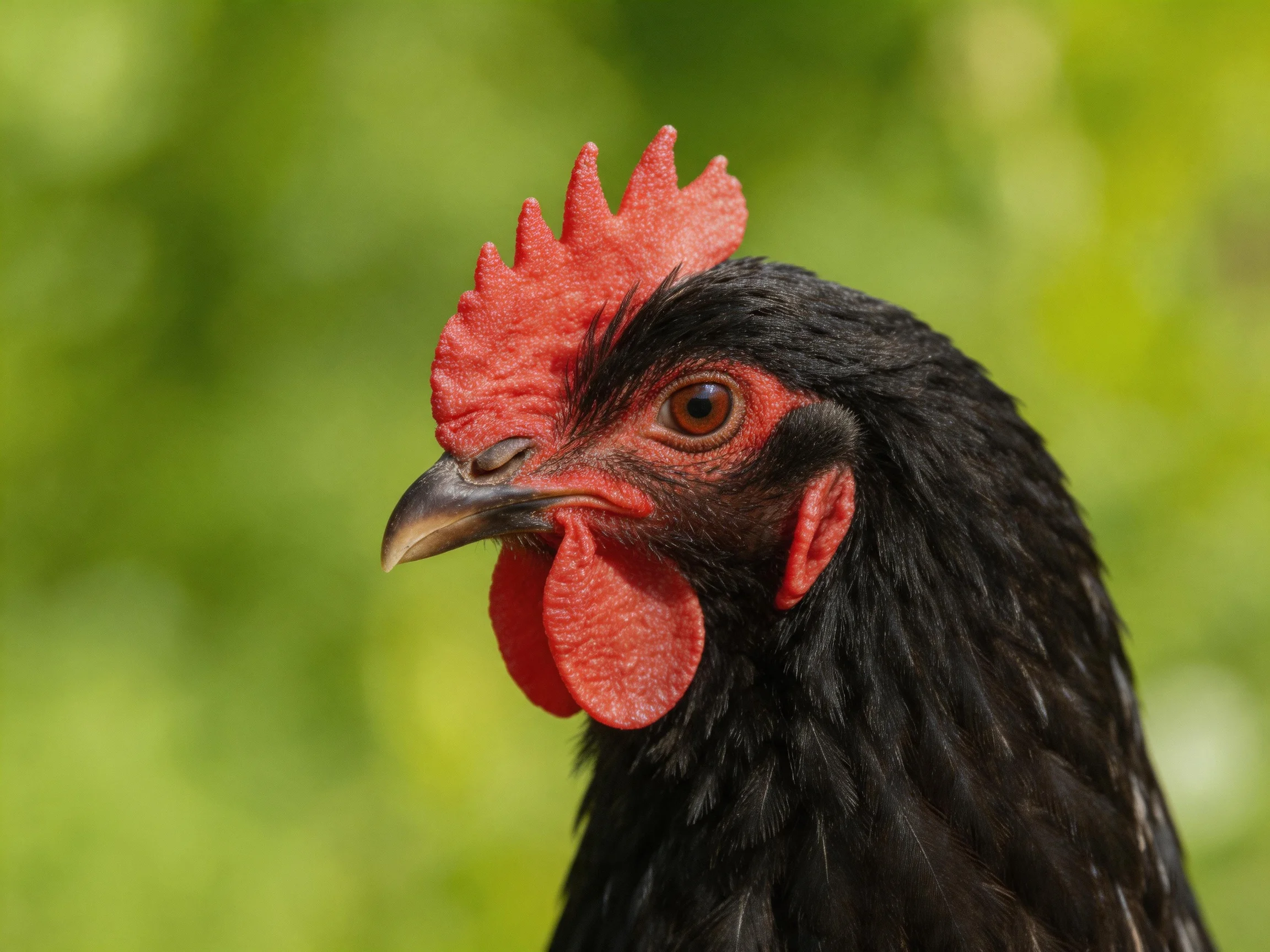 A black chickenwith vibrant red comb and wattles against a green backdrop