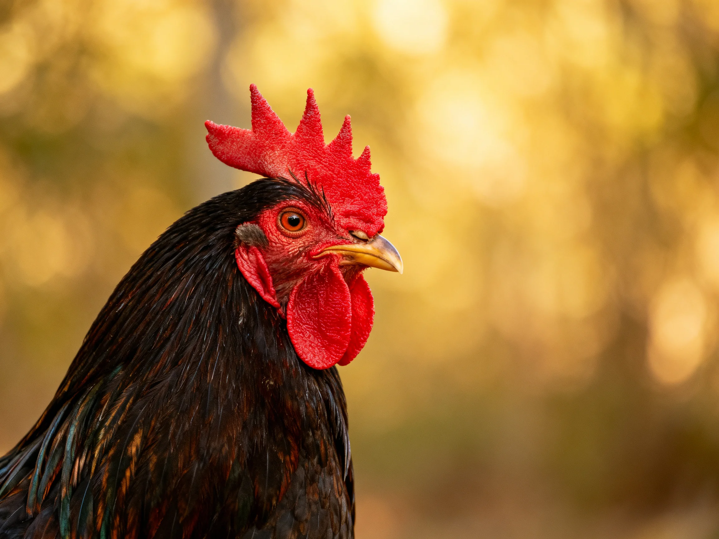 A close-up of a rooster with striking red facial features against a blurred golden background.