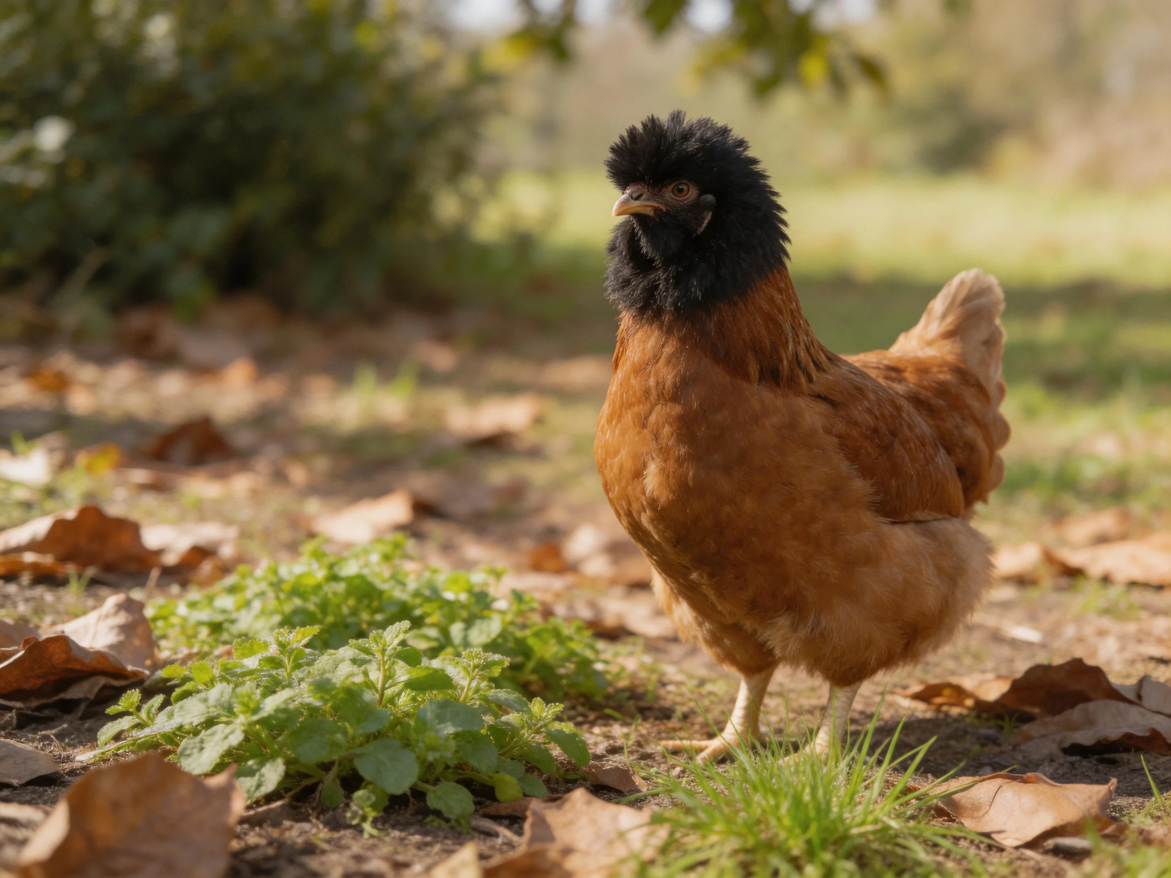 A black-headed brown hen stands amid scattered autumn leaves and green vegetation.