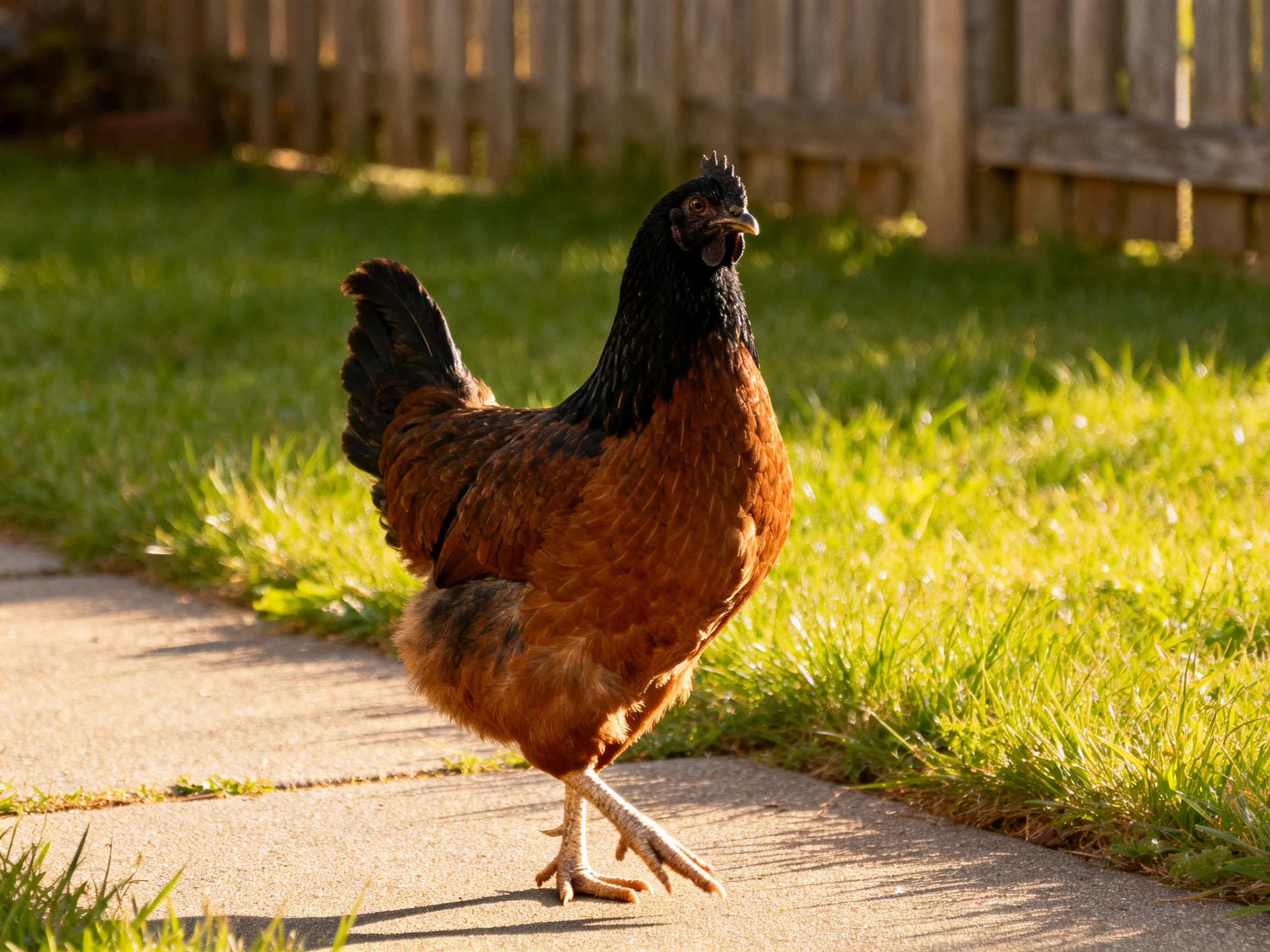 A black-headed brown hen walks along a sunlit concrete path