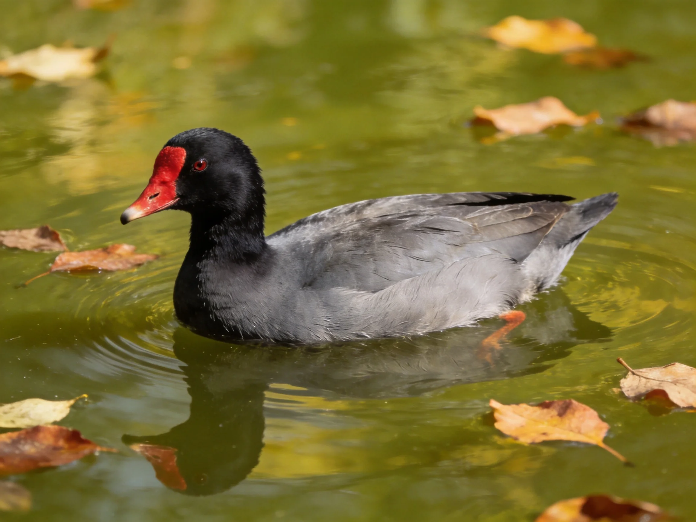 A black-headed duck with red beak swims among autumn leaves in green-tinted water