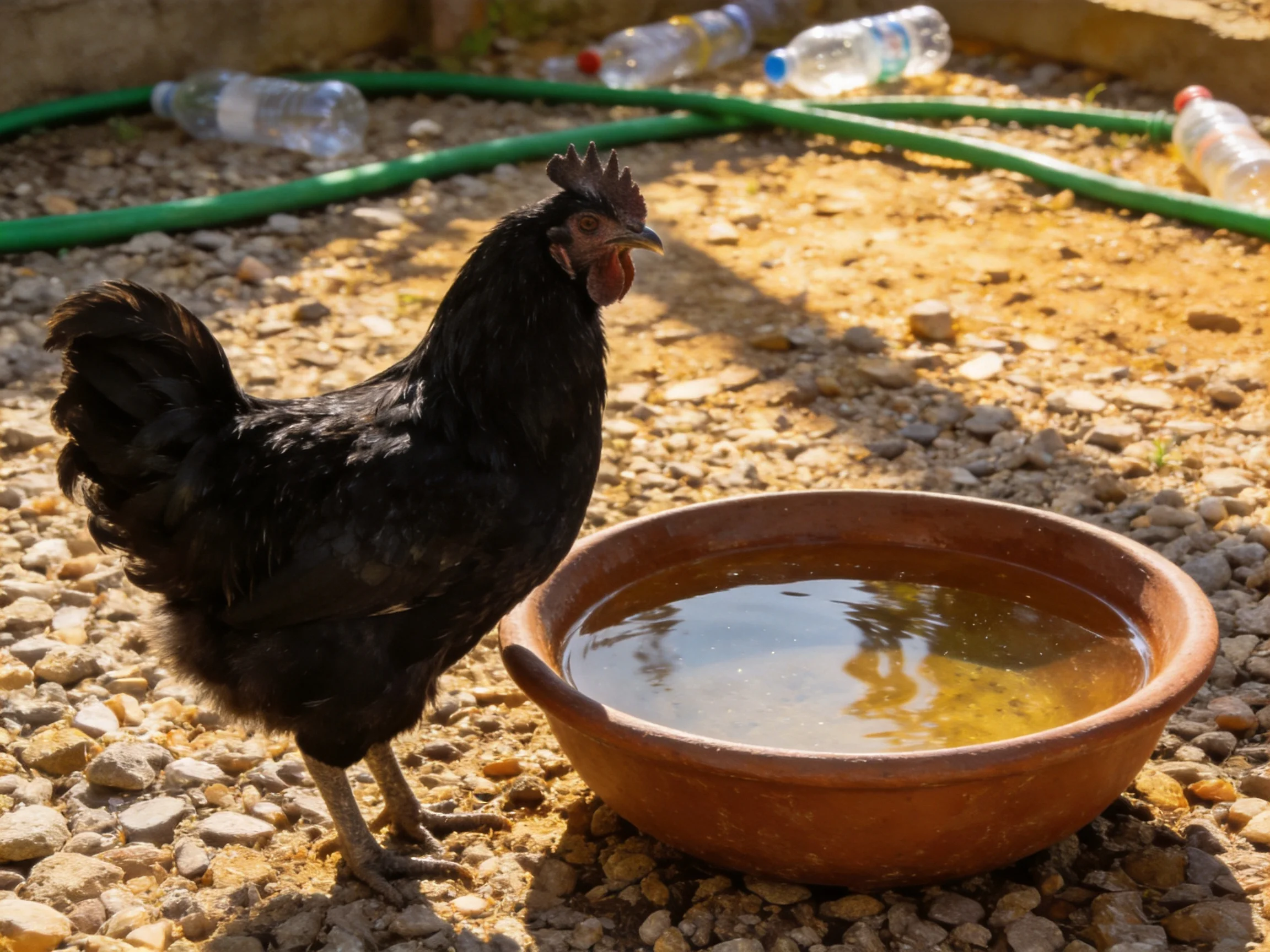 A black hen beside a terracotta water bowl on gravel with green hoses