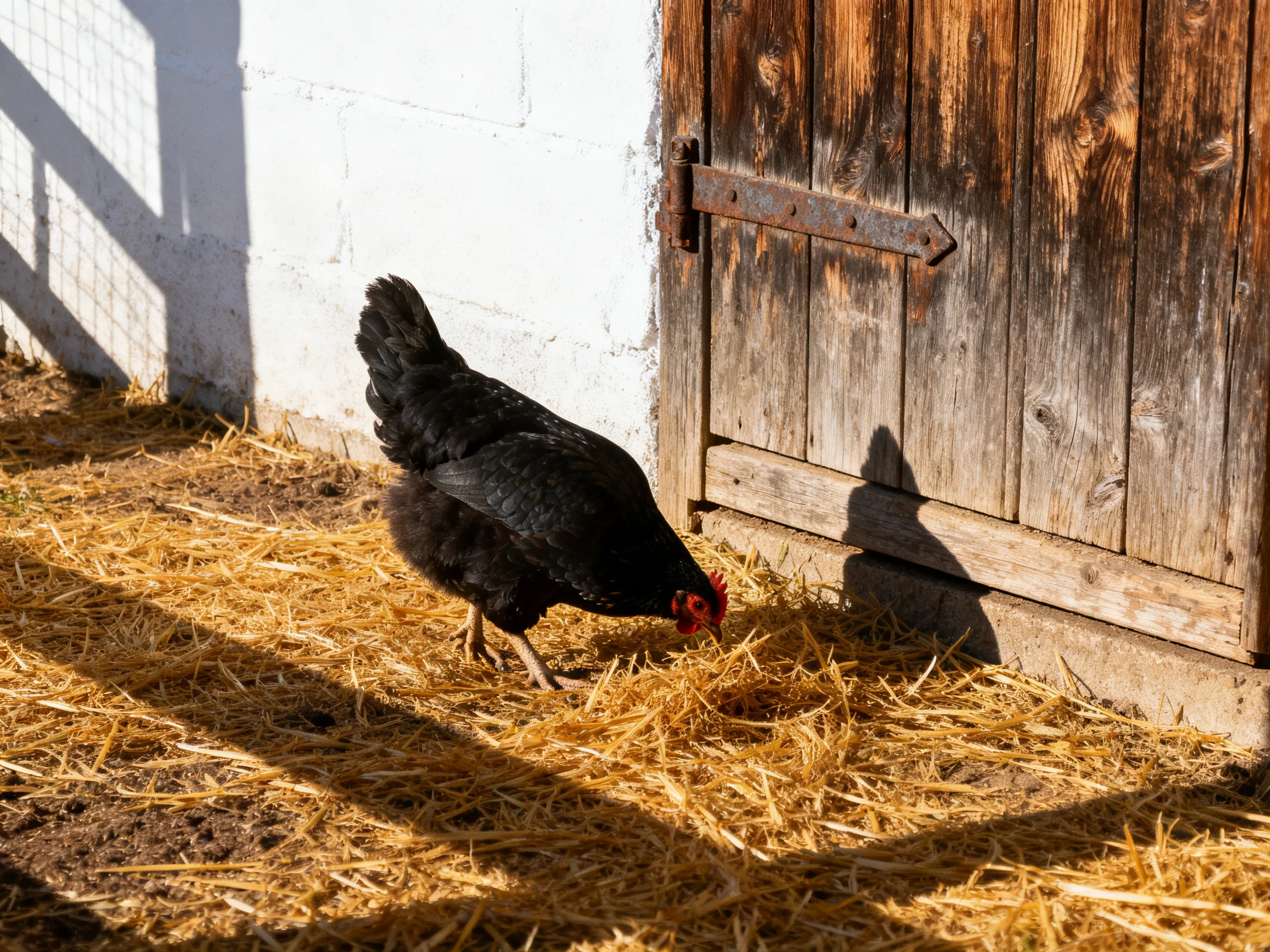 A black hen forages among golden straw near an aged wooden barn door