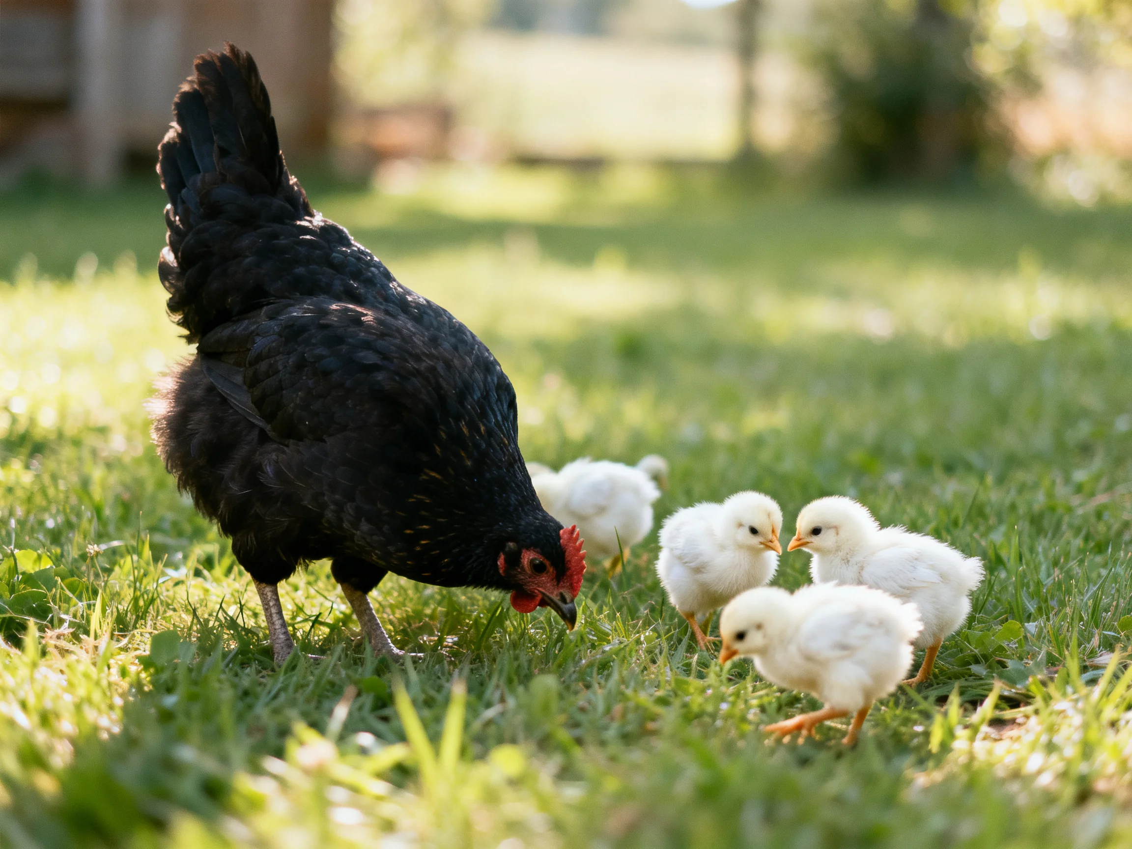 A black hen forages near five white chicks on sunlit grass