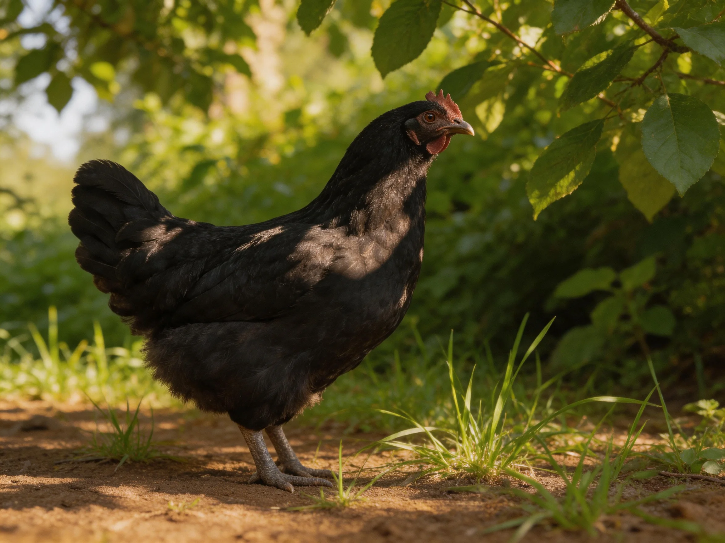 A black hen stands amid lush greenery and earthy ground