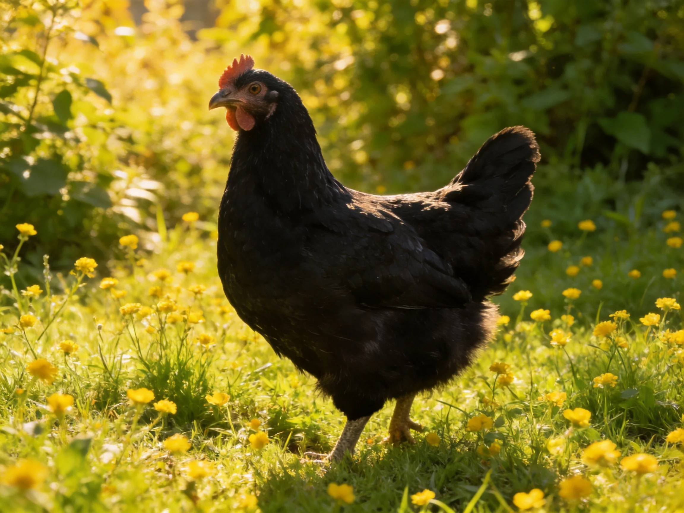 A black hen stands amidst yellow wildflowers and lush green foliage