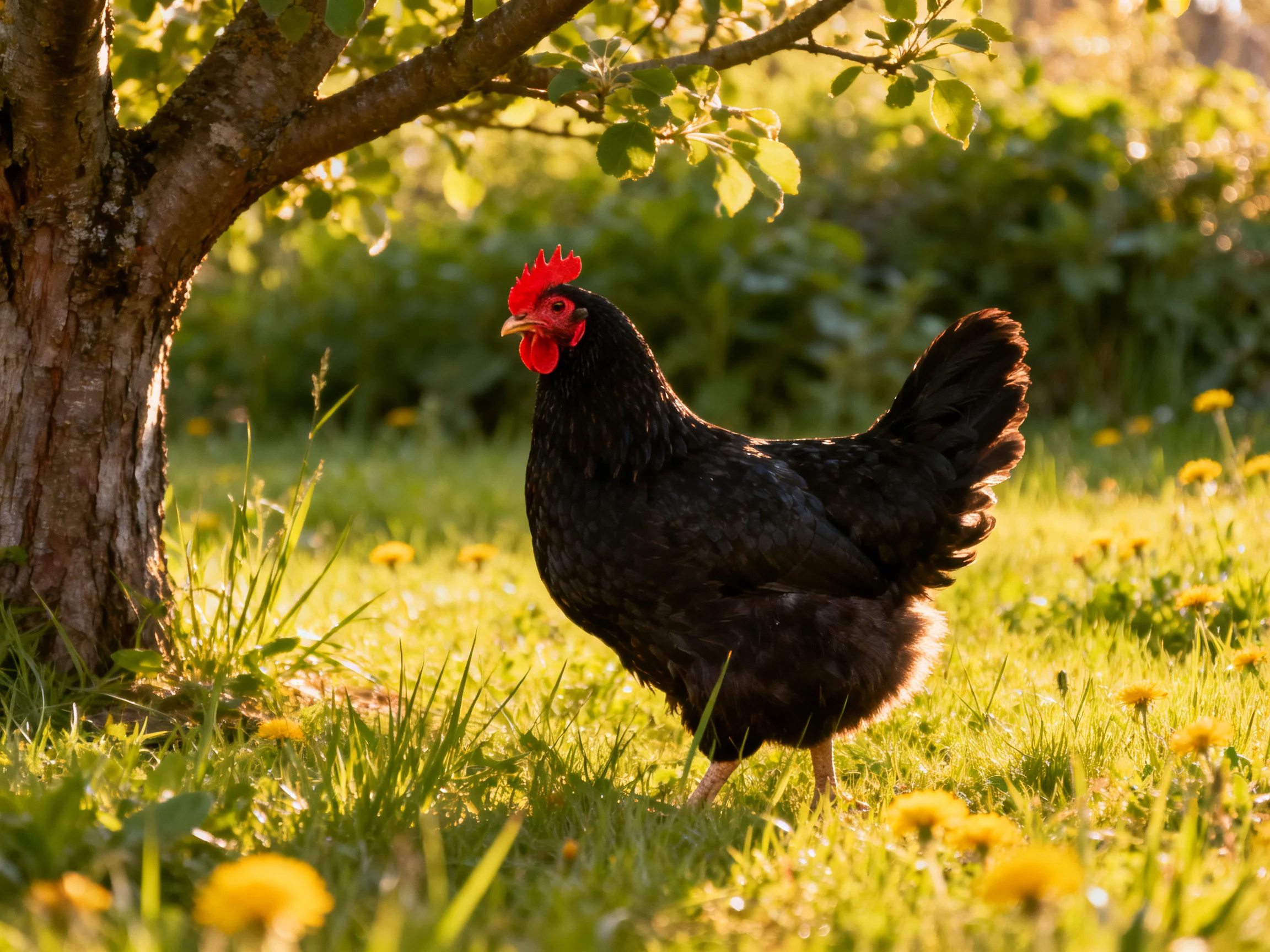 A black hen stands beneath a tree in a sunlit meadow with yellow flowers