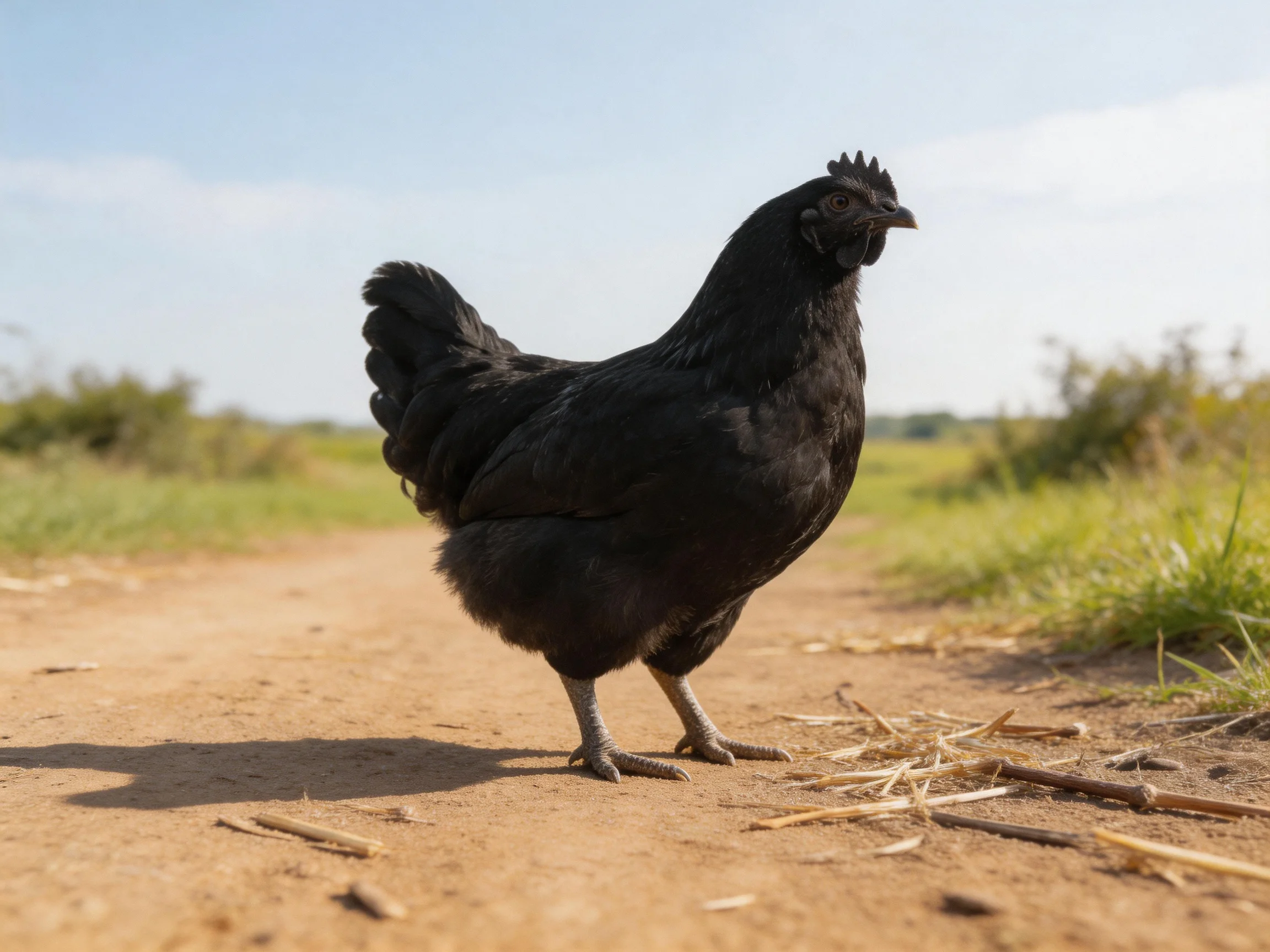 A black hen stands on a sunlit dusty rural path