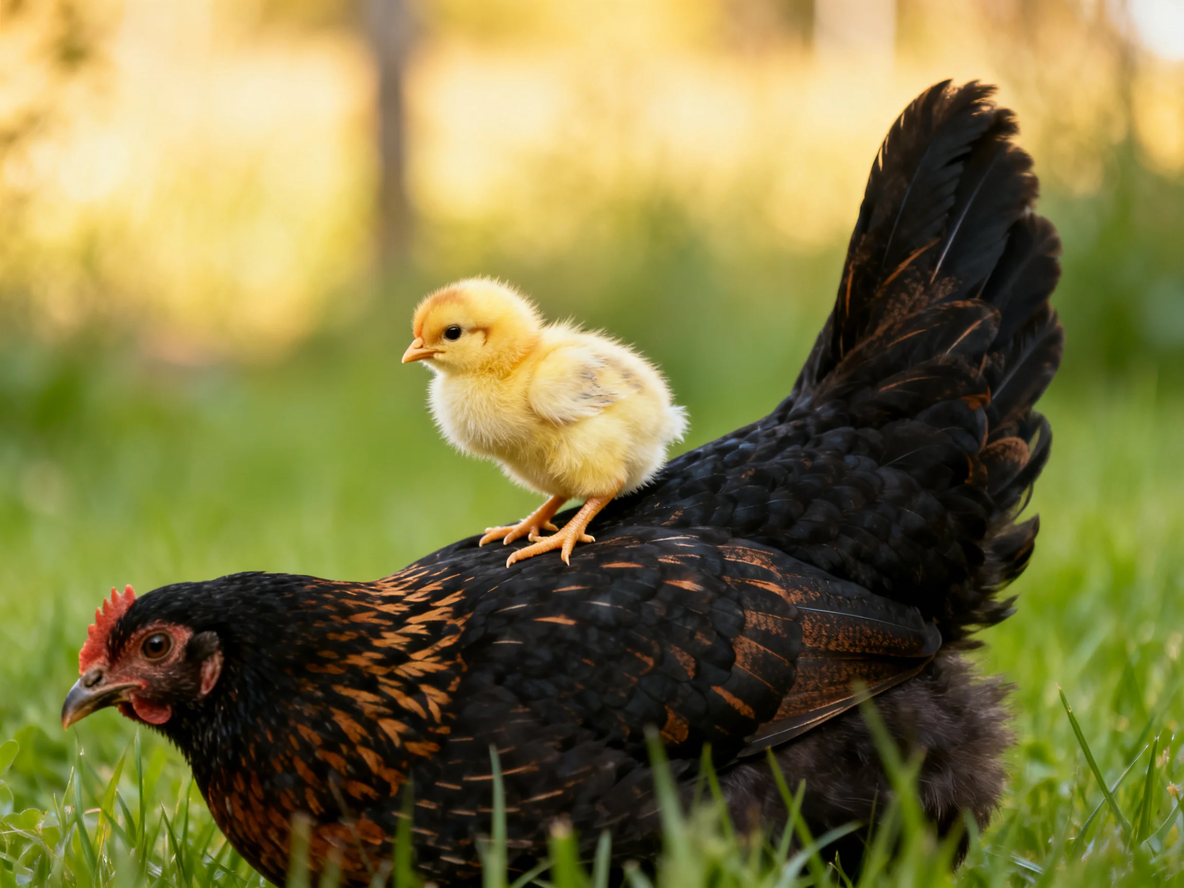 A black hen with brown markings carries a small yellow chick on her back