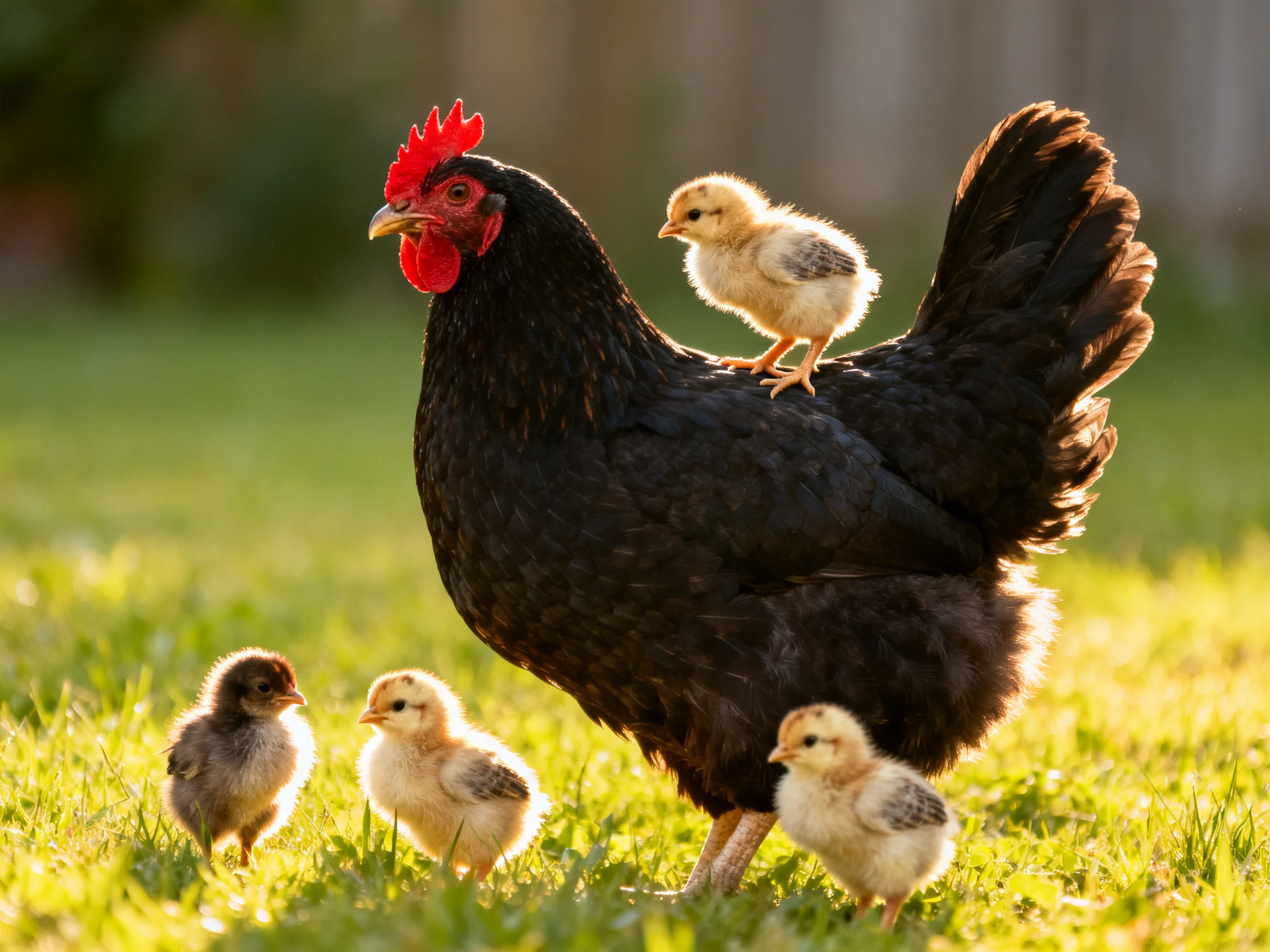 A black hen with four chicks in a sunlit grassy field