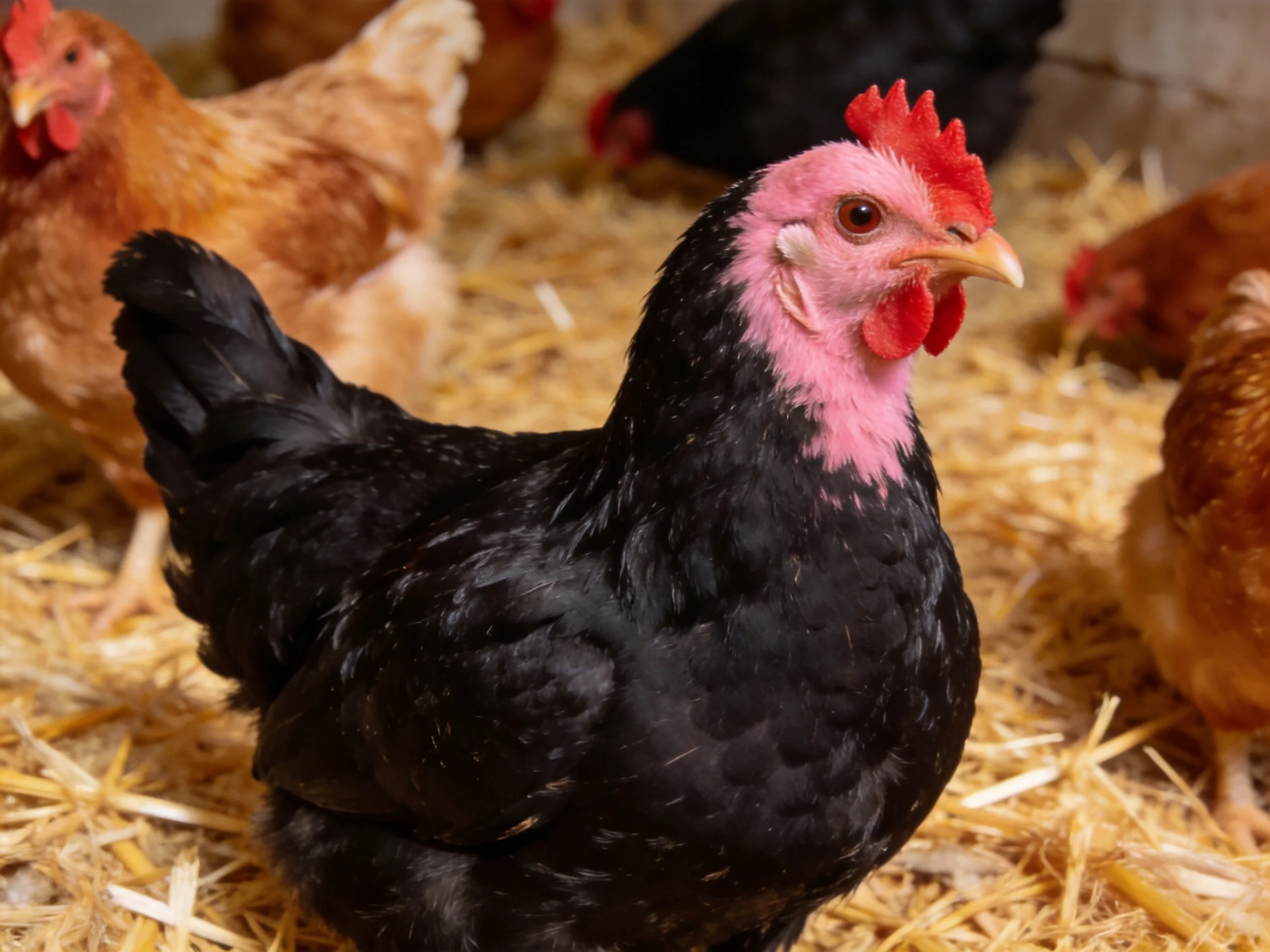 A black hen with pink skin among brown hens on straw bedding