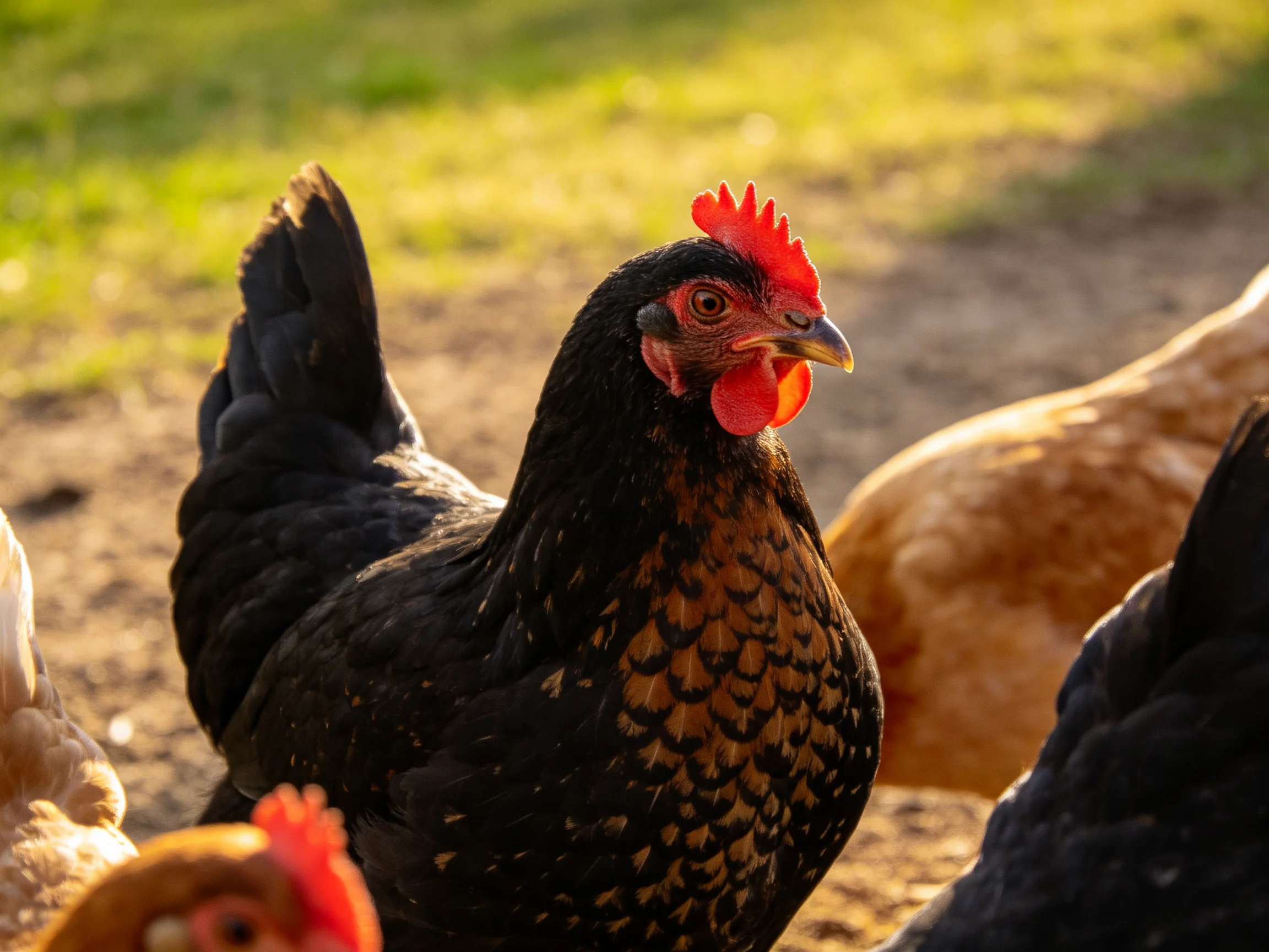 A black hen stands among brown chickens in a sunlit farmyard.