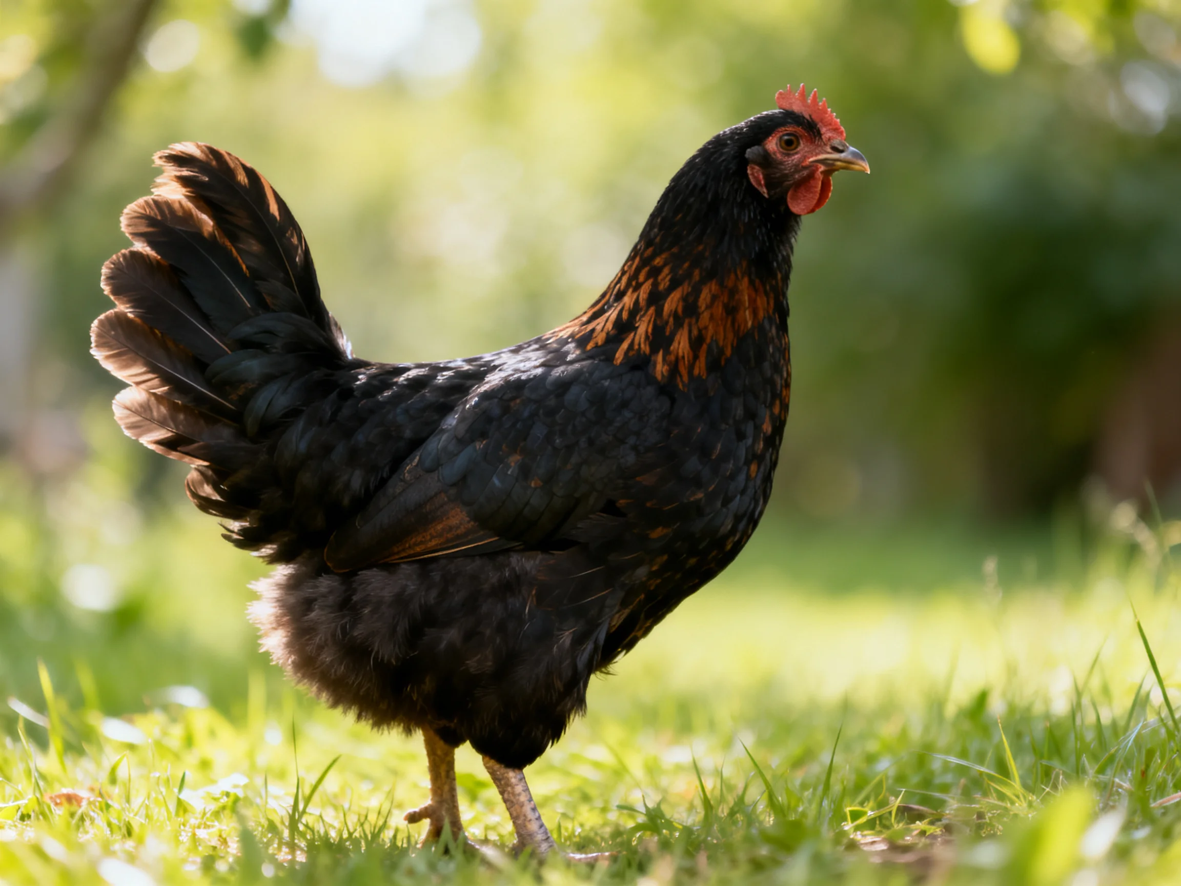 A black hen with reddish-brown markings explores sunlit grass