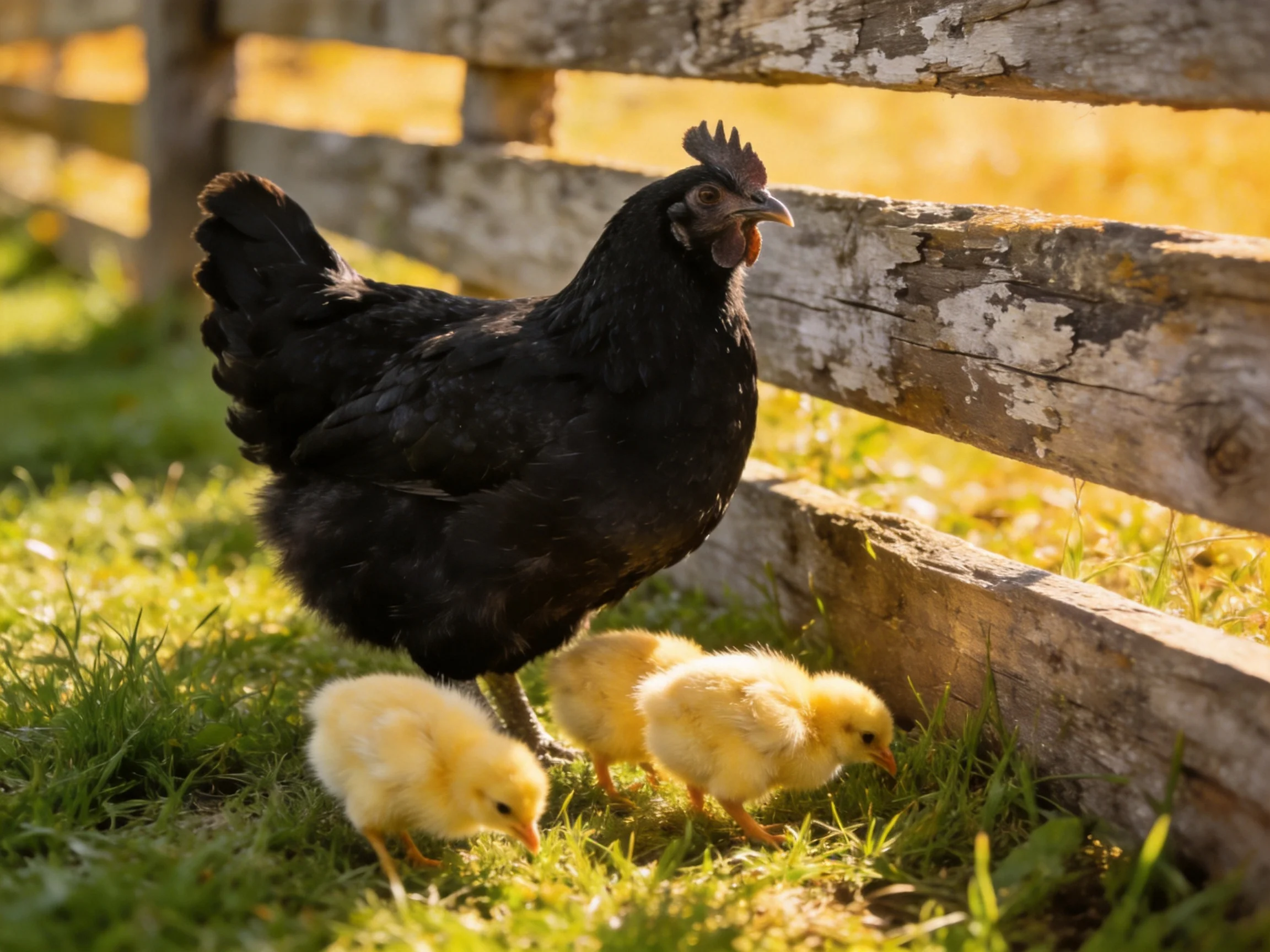 A black hen stands with three yellow chicks beside a weathered wooden fence.