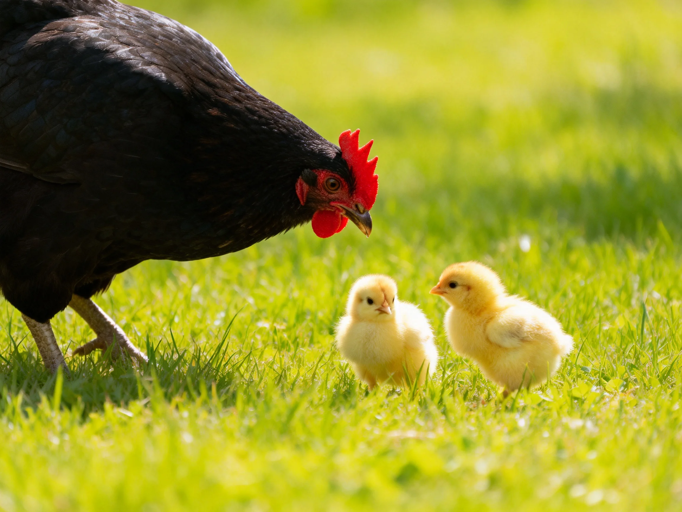 A black hen and two yellow chicks are on green grass.