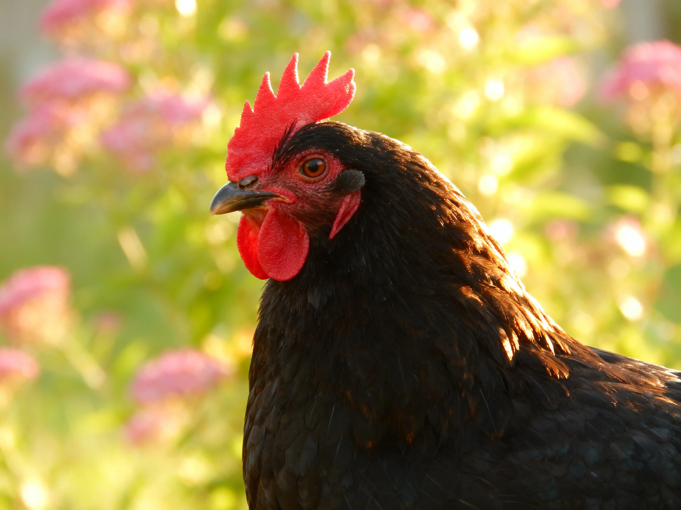 A black hen stands among pink flowering bushes in a sunlit environment.