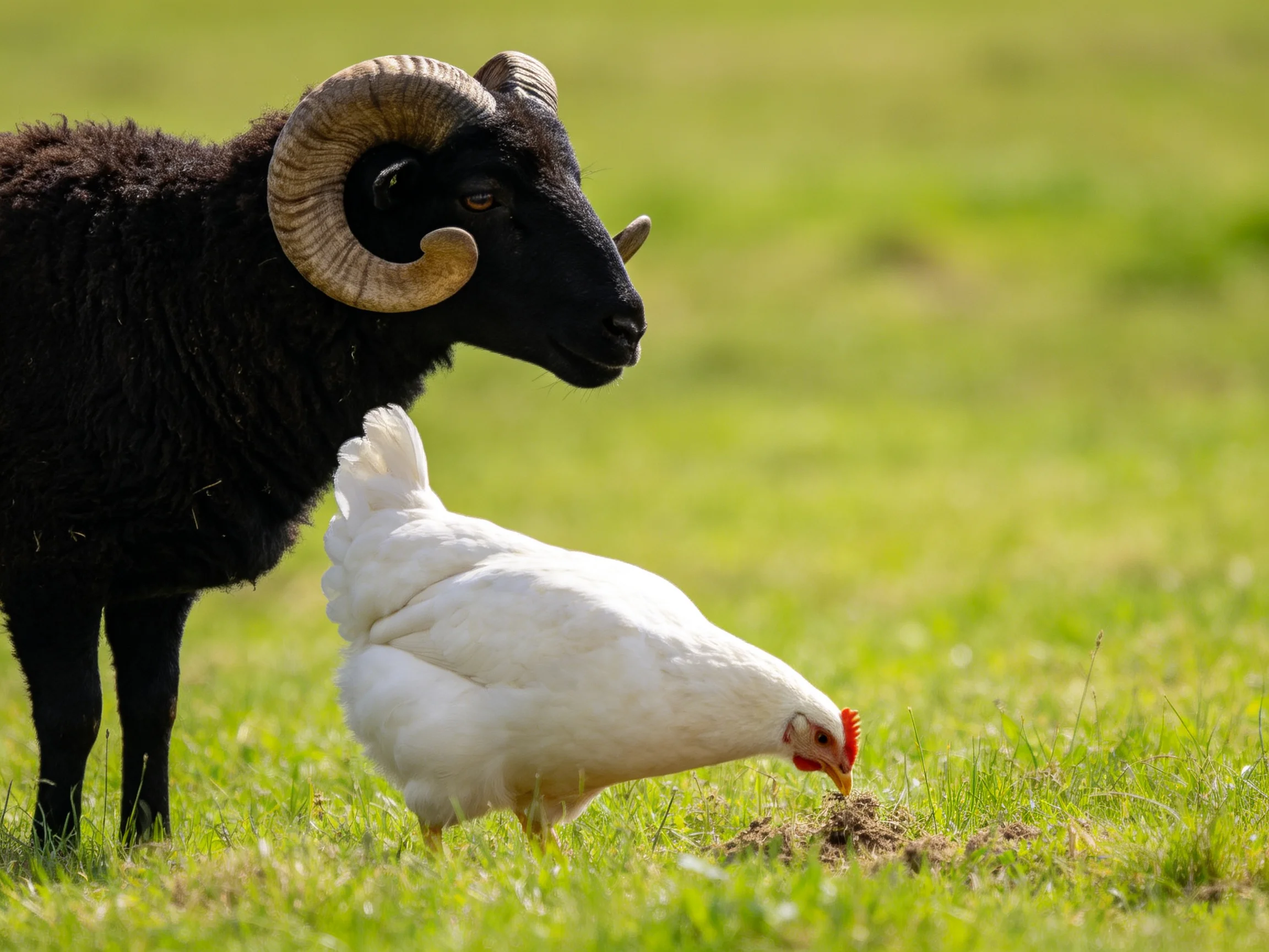 A black horned ram watches a white chicken forage in a green pasture
