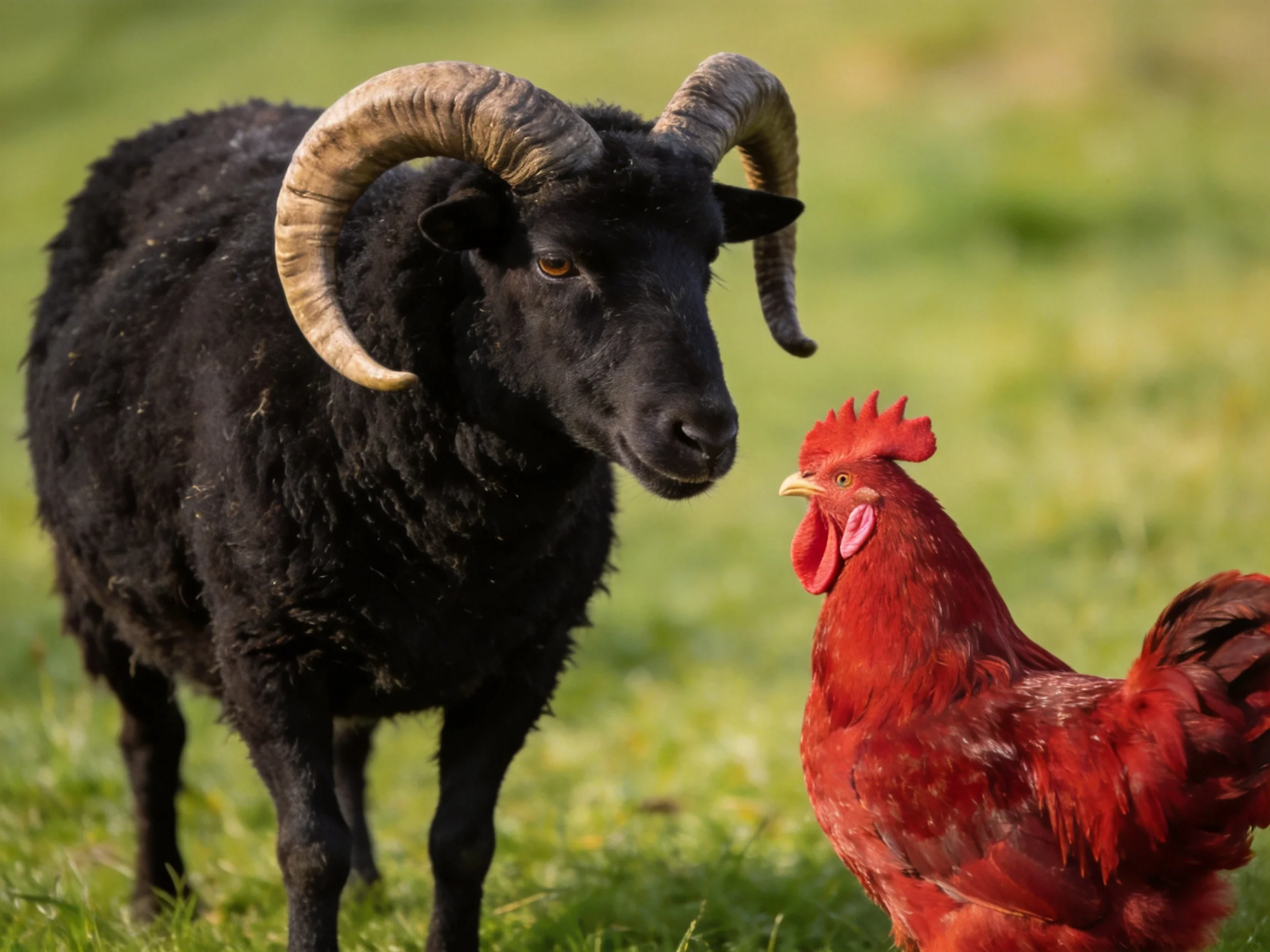 A black horned sheep and vibrant red rooster stand together in a green field