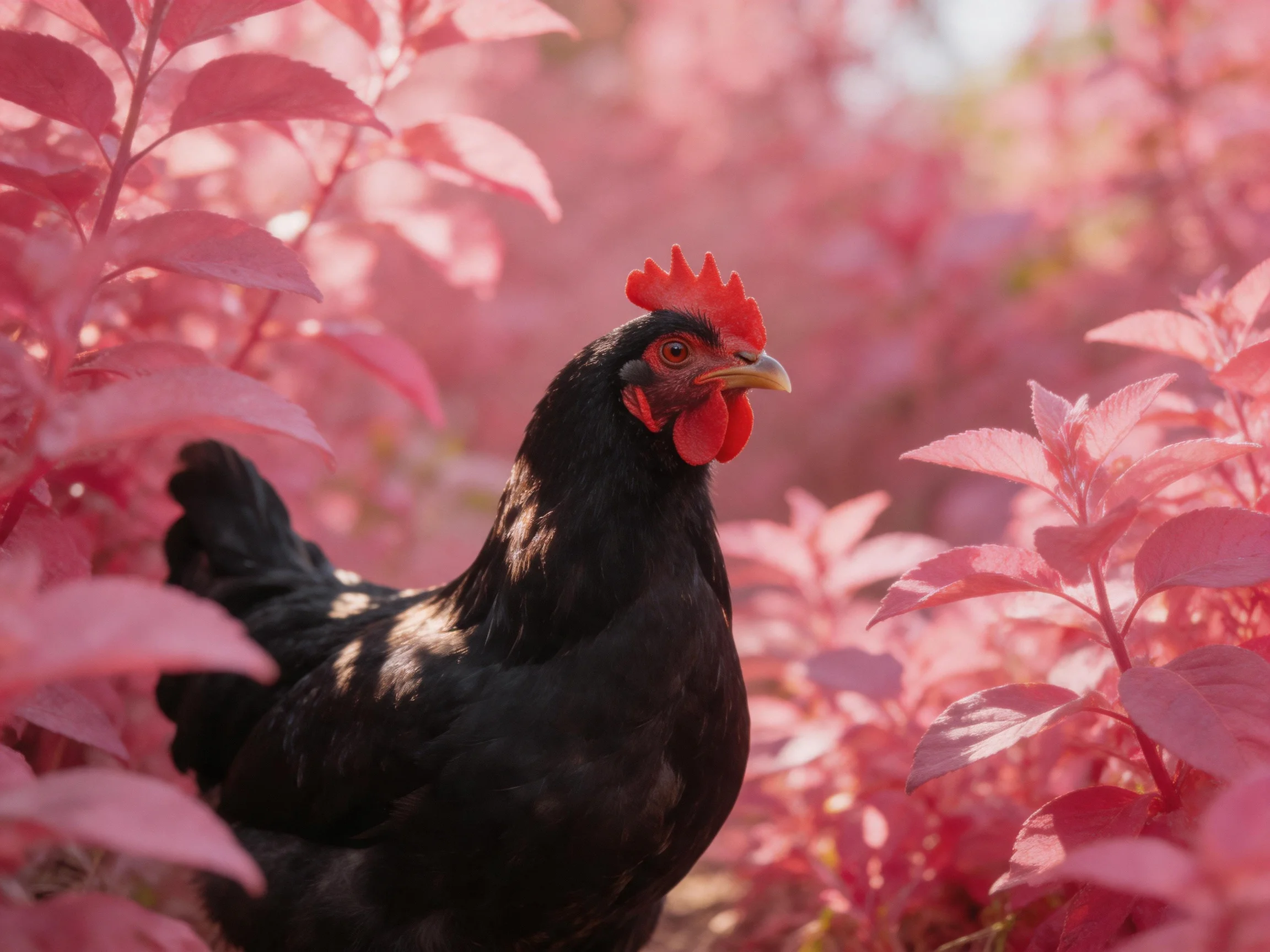 A black rooster amid vibrant pink foliage with red comb