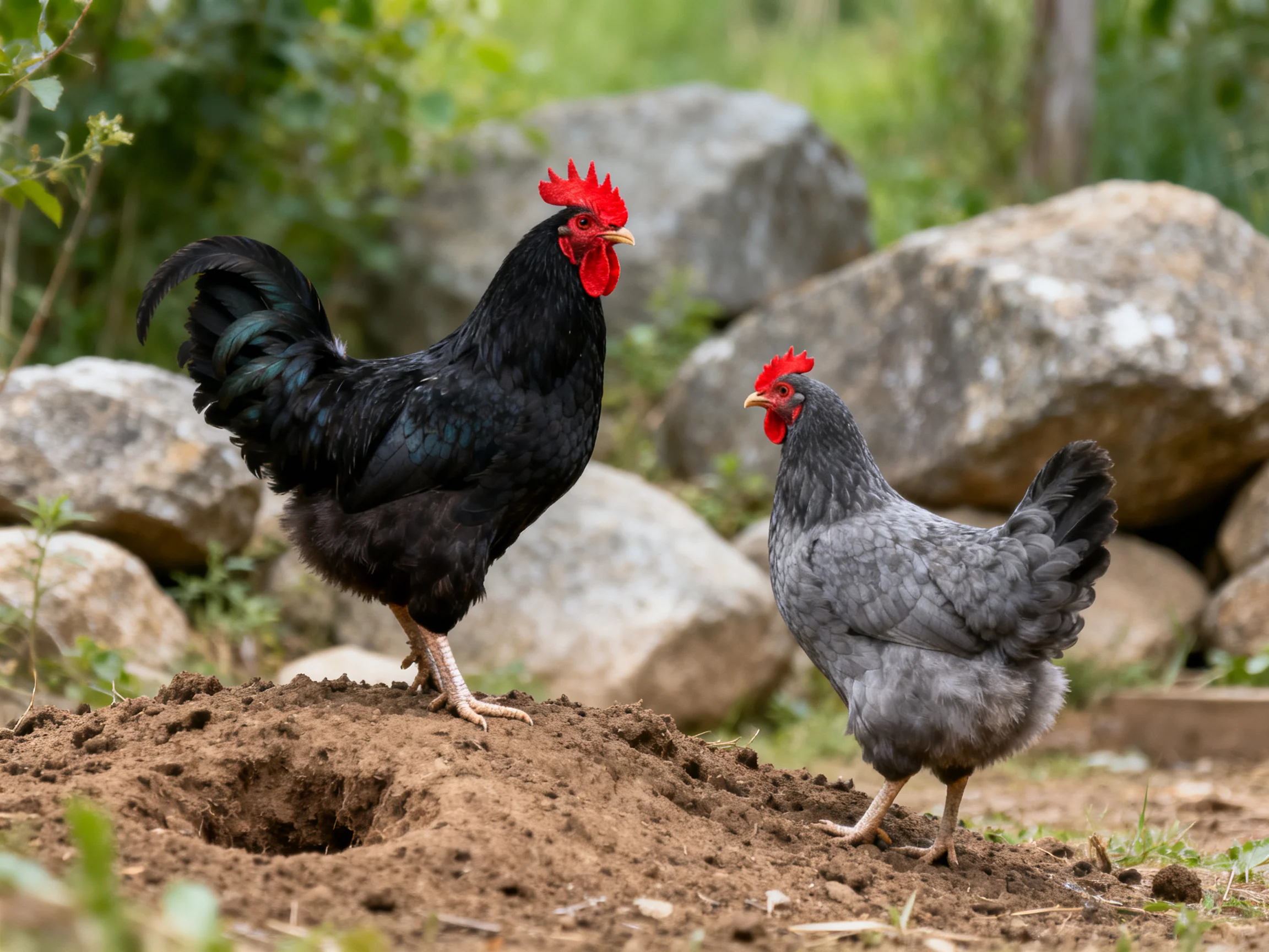 A black rooster and gray hen stand near large rocks on a dirt mound