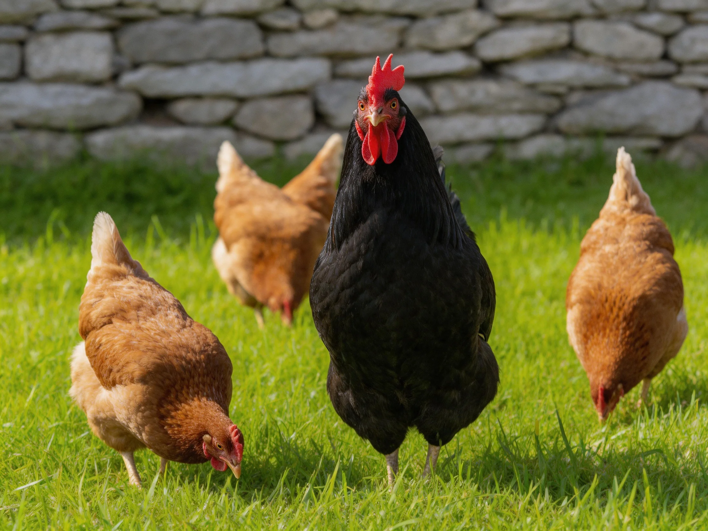 A black rooster stands among three brown hens near a stone wall as they forage.