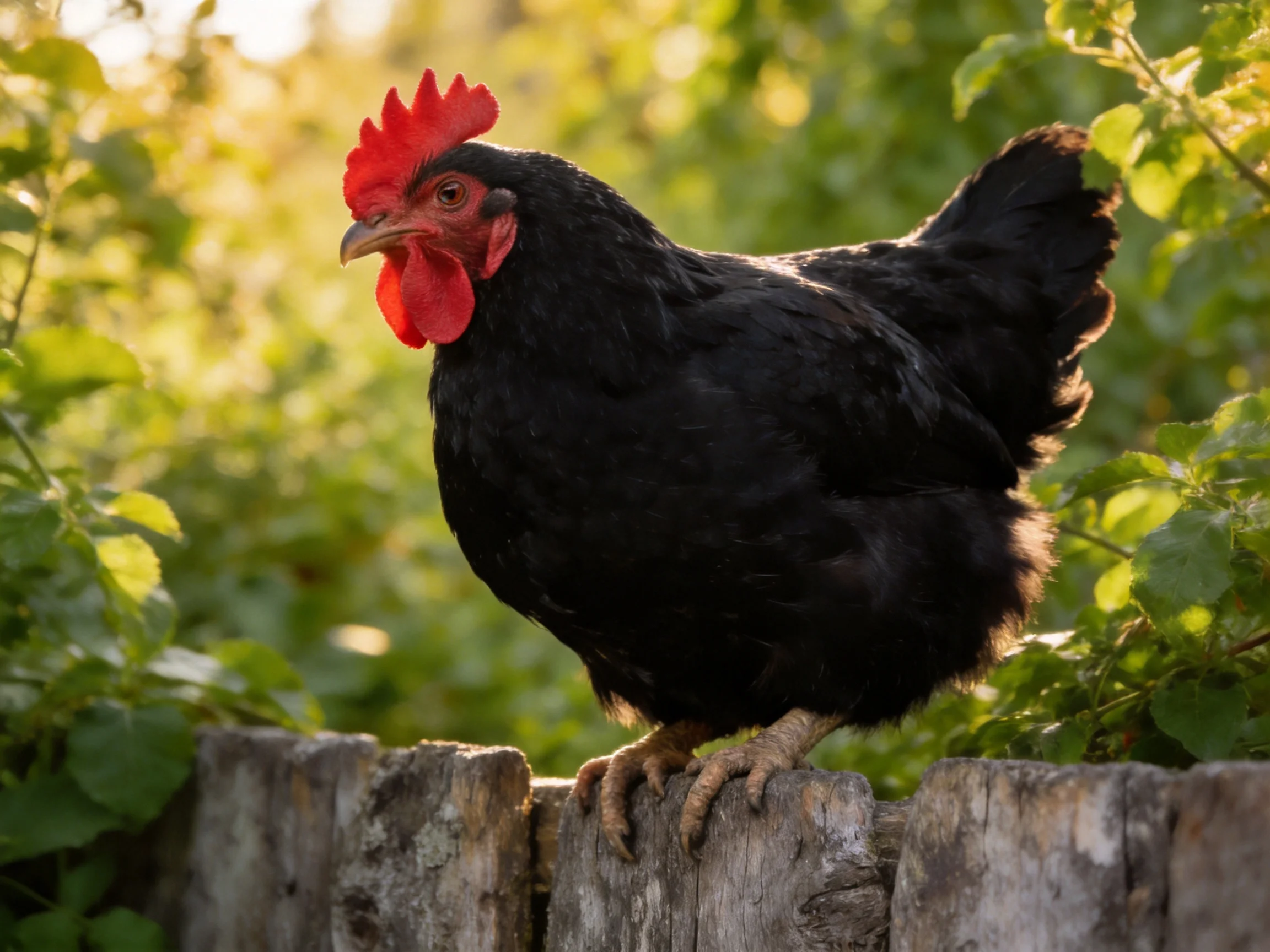 A black rooster perched on a weathered wooden fence with lush green foliage