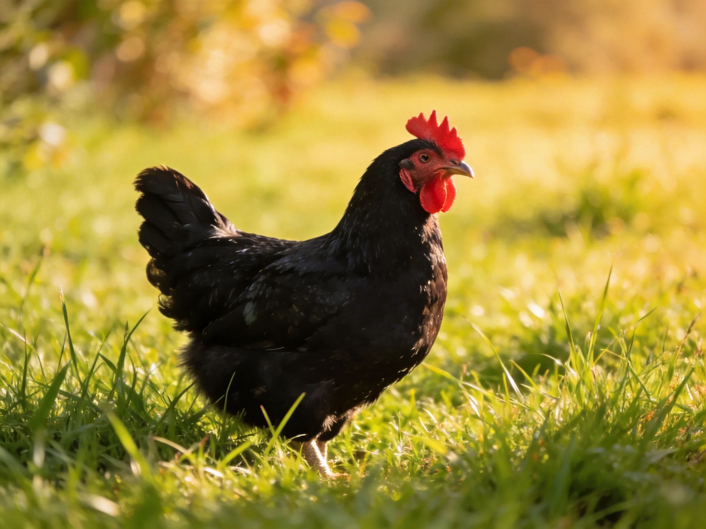 A black rooster standing in lush green grass during golden hour