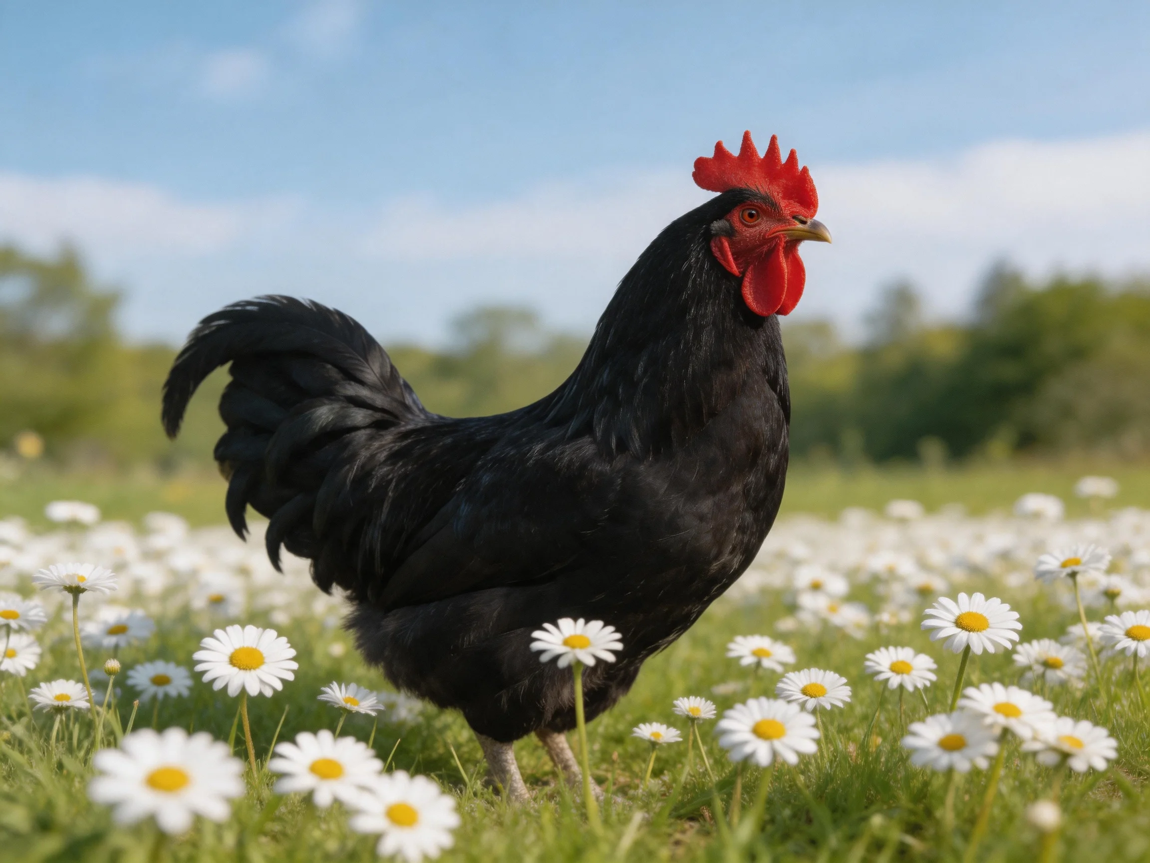 A black rooster stands amid white daisies in a sunny meadow