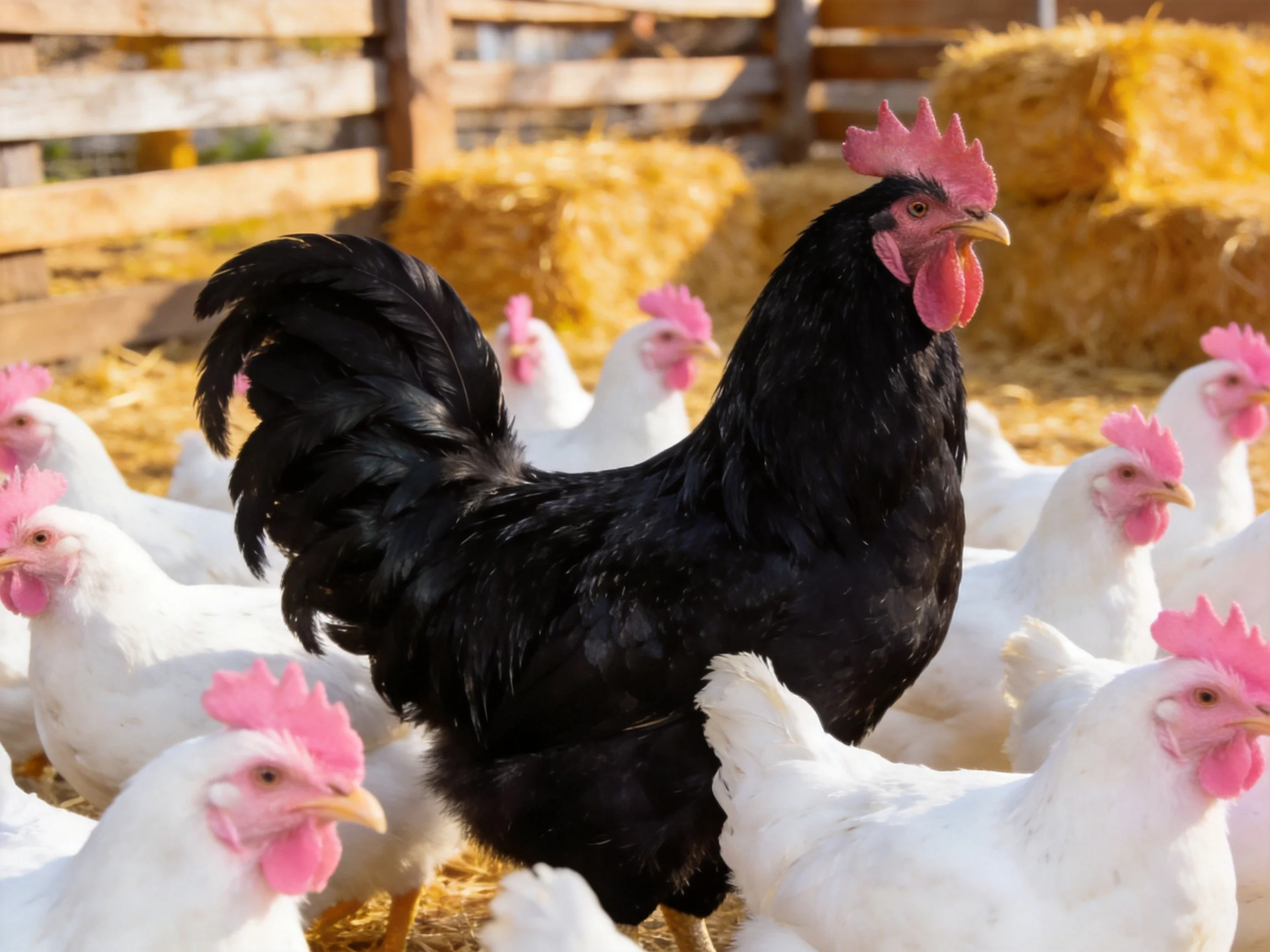 A black rooster stands among many white hens near hay bales