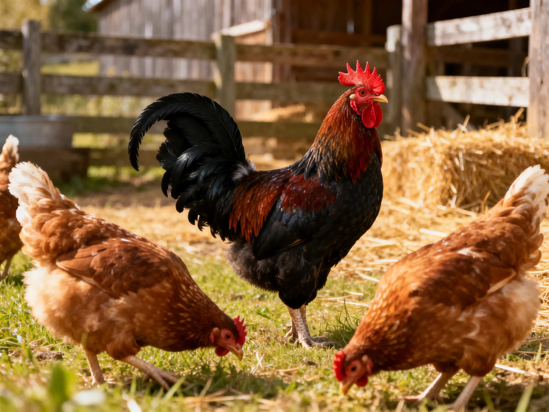 A black rooster stands among three brown hens near hay bales and a wooden fence