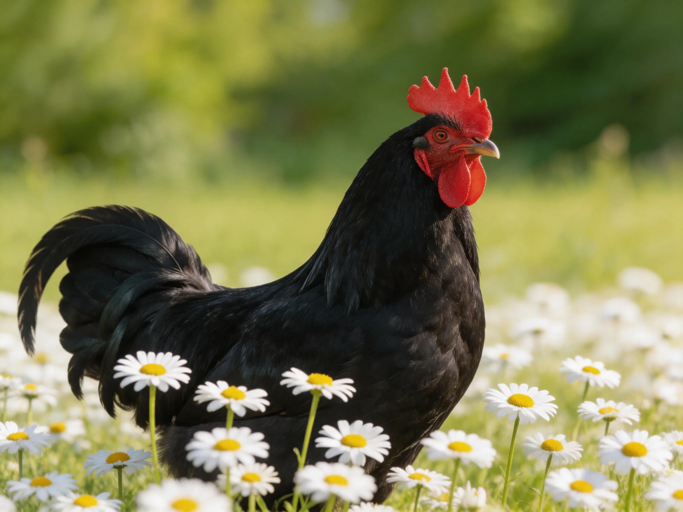 A black rooster stands among white daisies in a lush green meadow