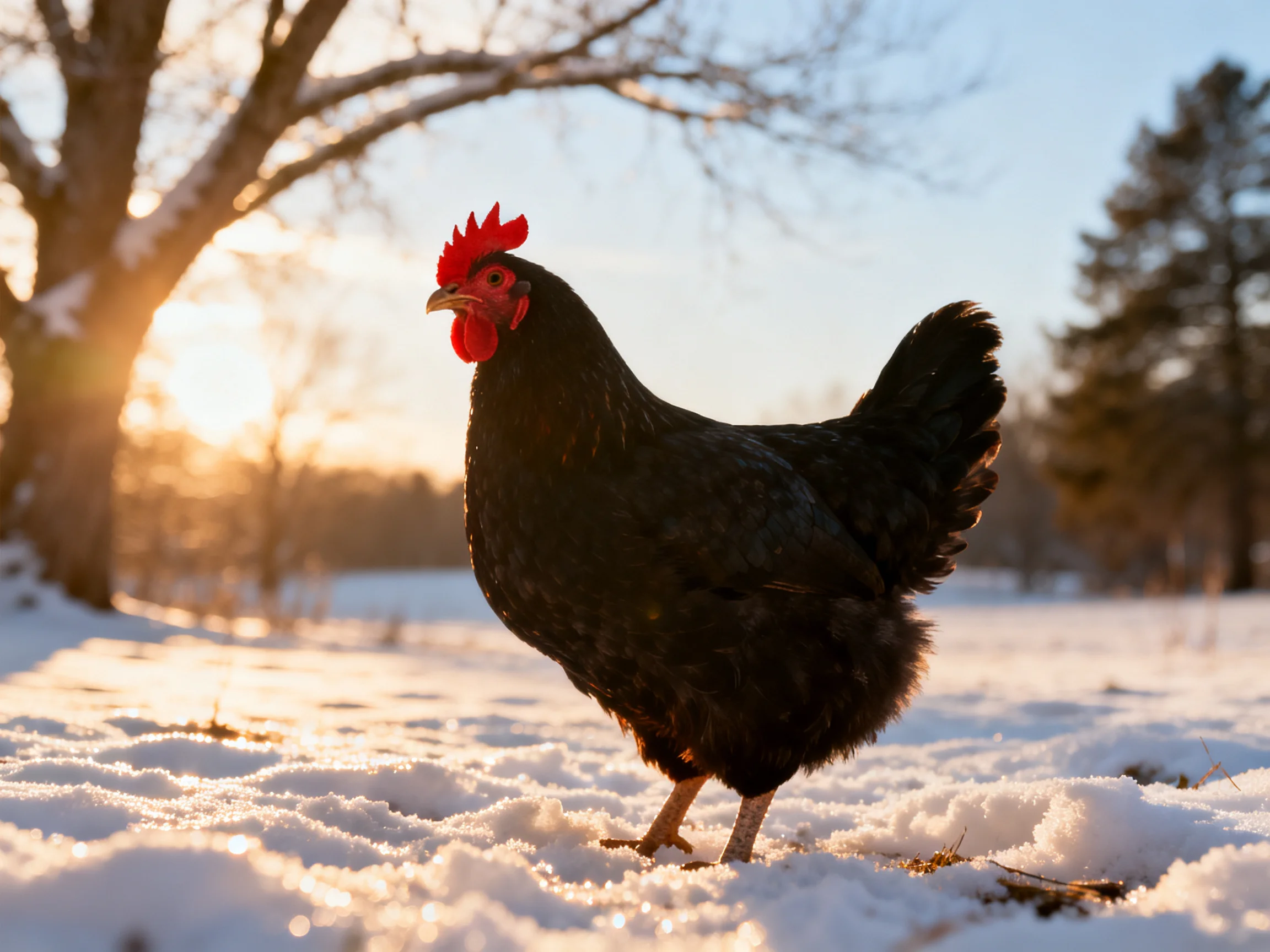 A black rooster stands on snow - covered ground during golden hour