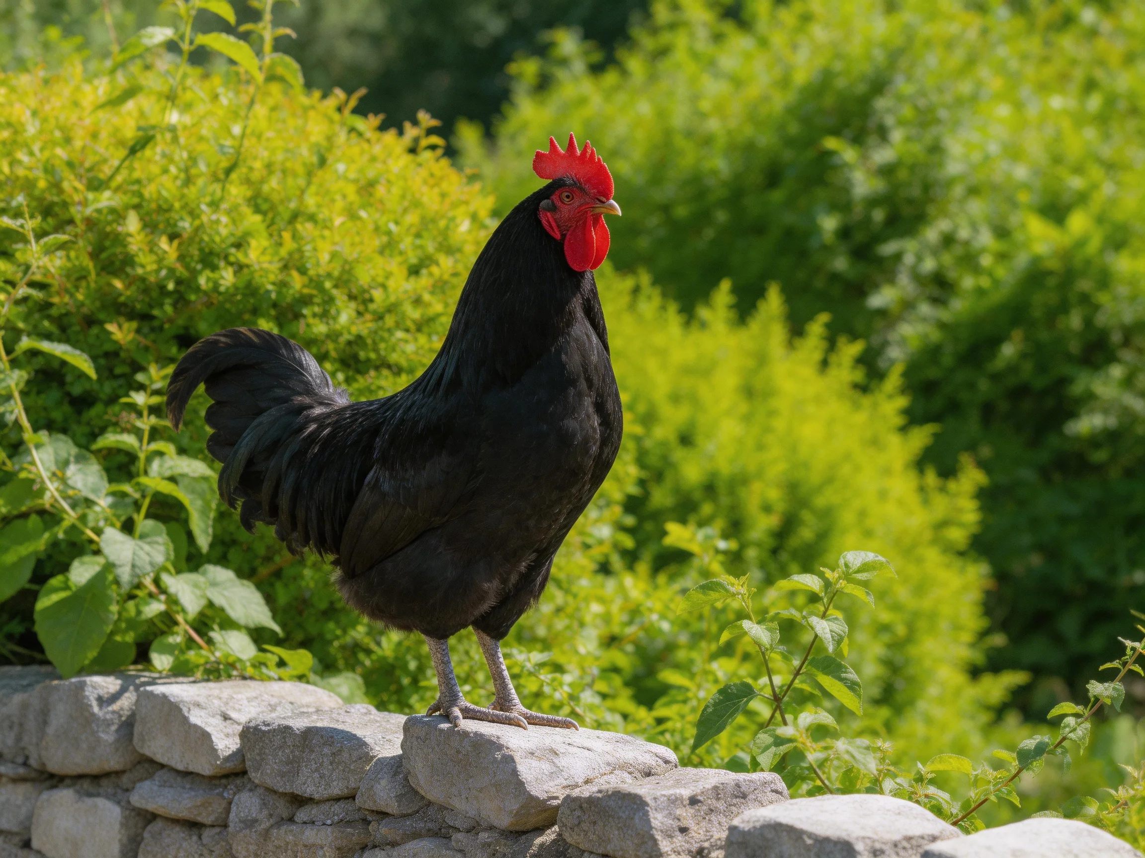 A black rooster with a red comb stands on a stone wall in a verdant outdoor setting