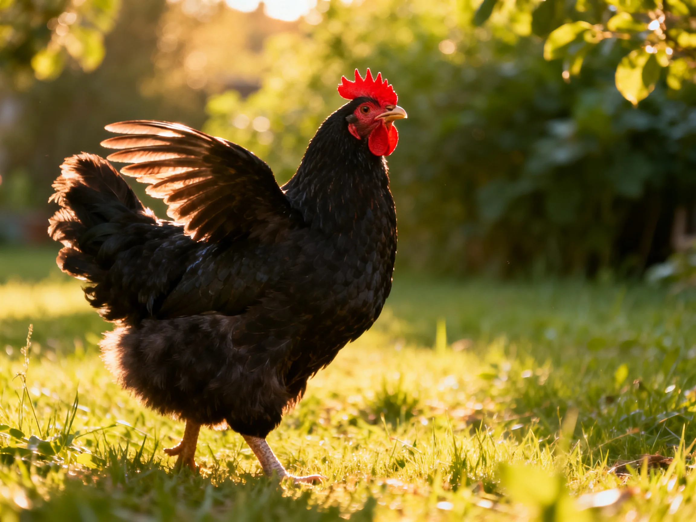 A black rooster with a red comb moves through sunlit grass in a garden setting.