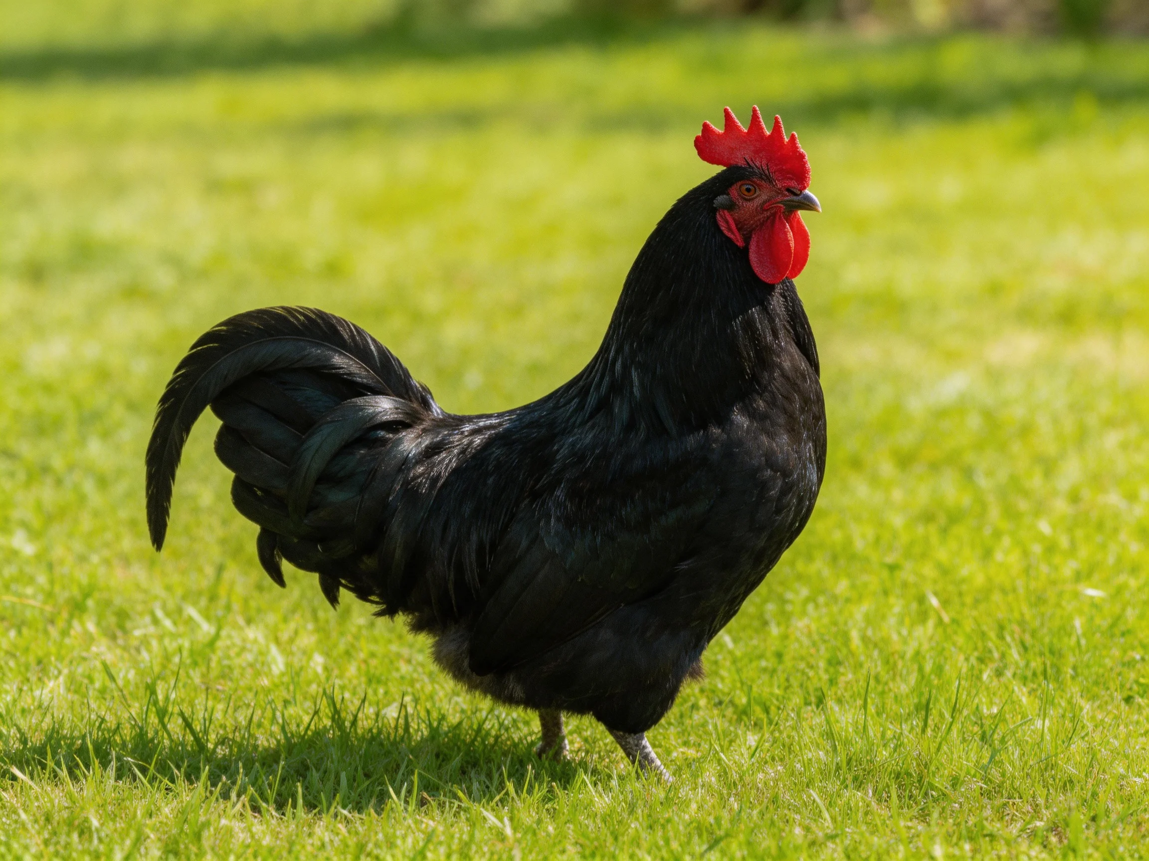 A black rooster with a red comb stands on green grass