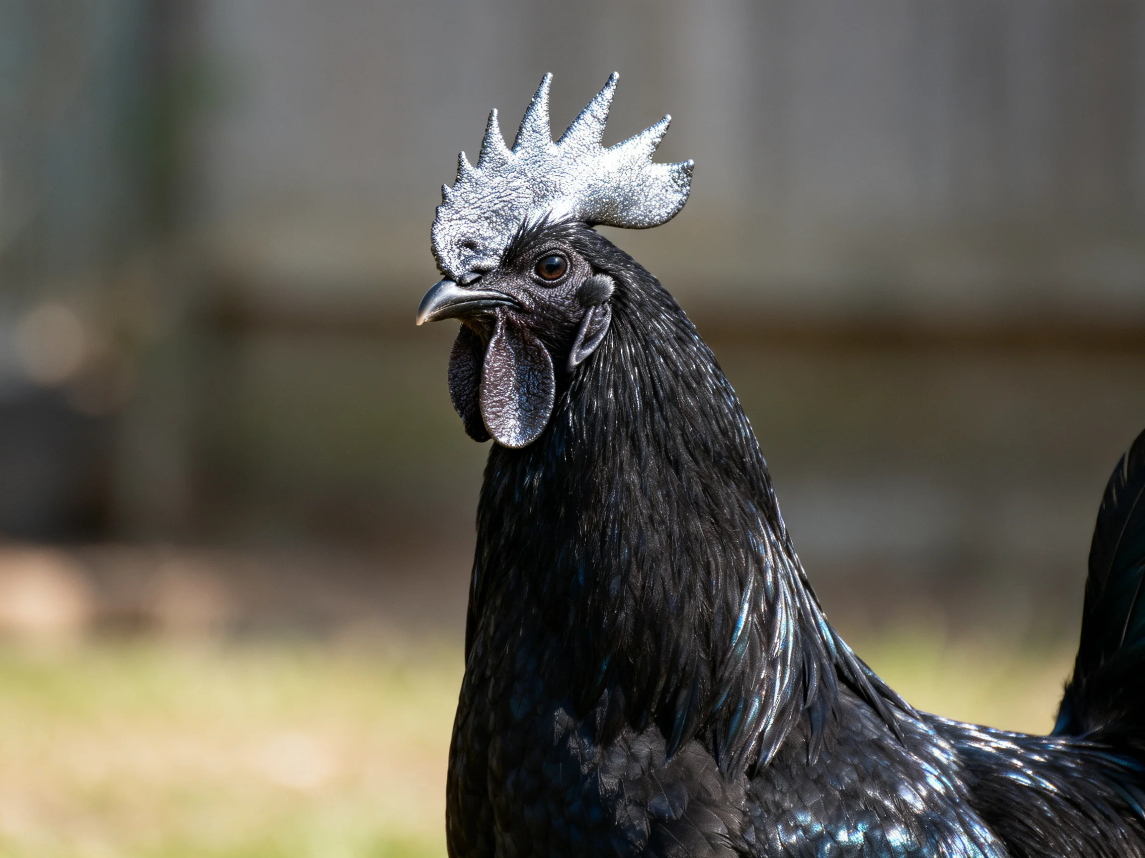 A black rooster with a silvery comb stands outdoors amid a blurred natural backdrop.