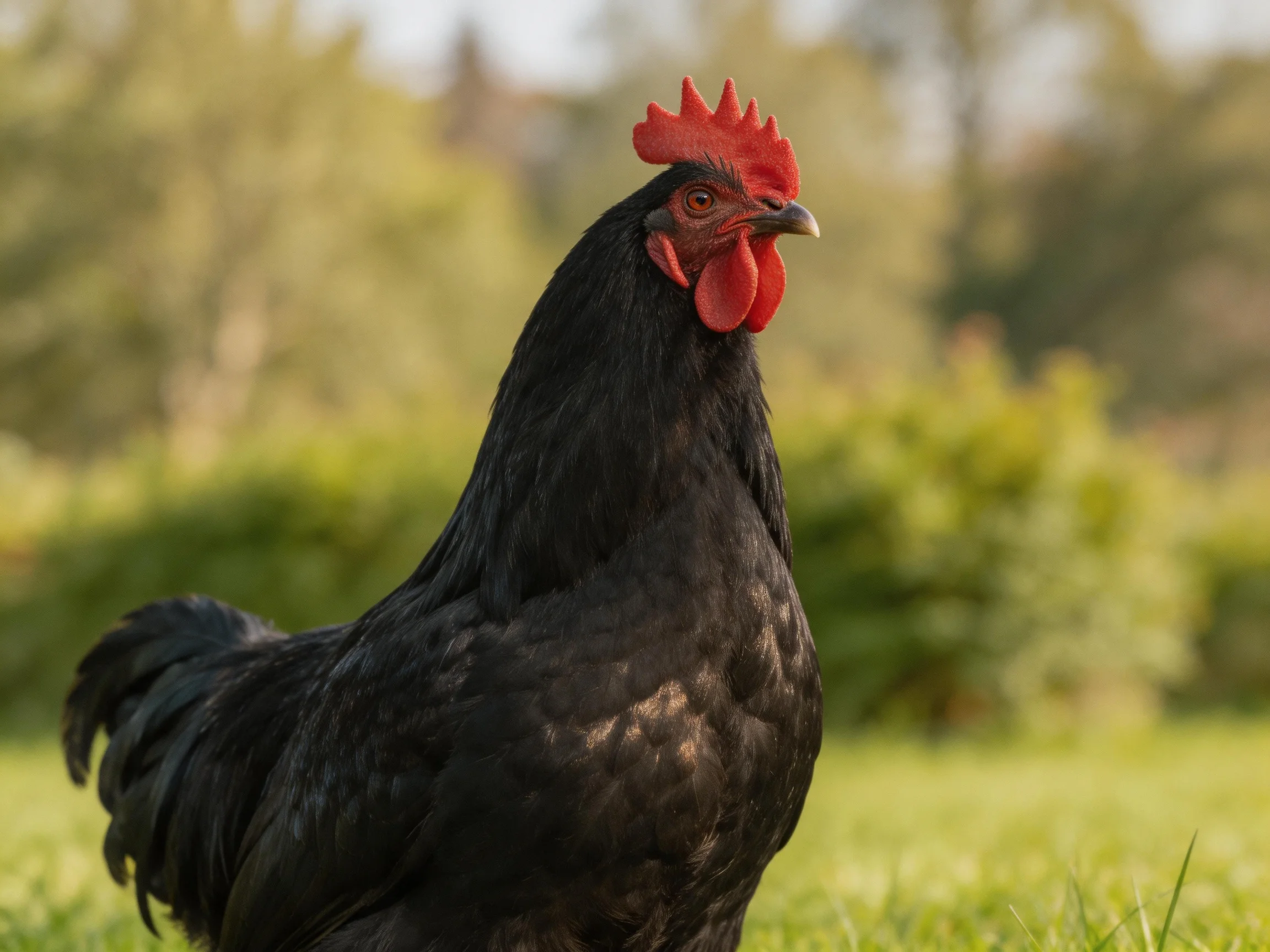 A black rooster with a vibrant red comb on green grass