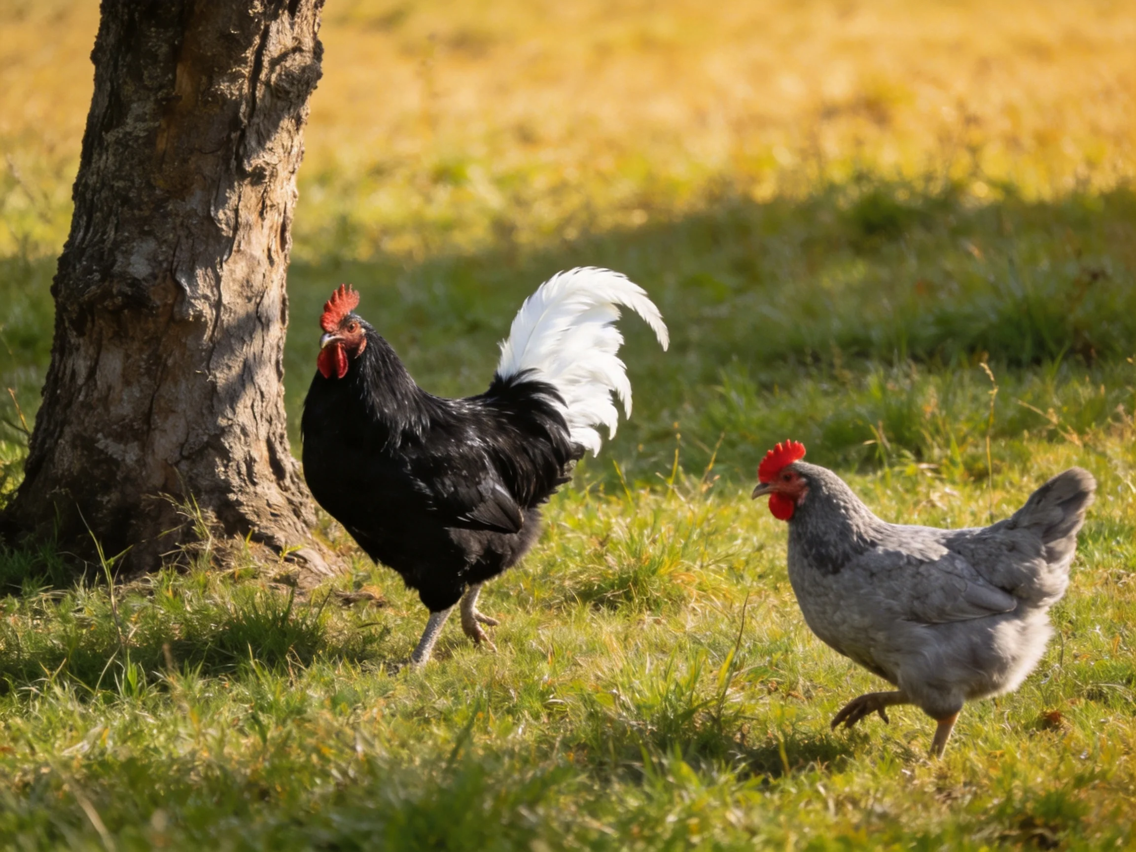 A black rooster with a white tail and a gray hen forage near a tree in a sunlit field