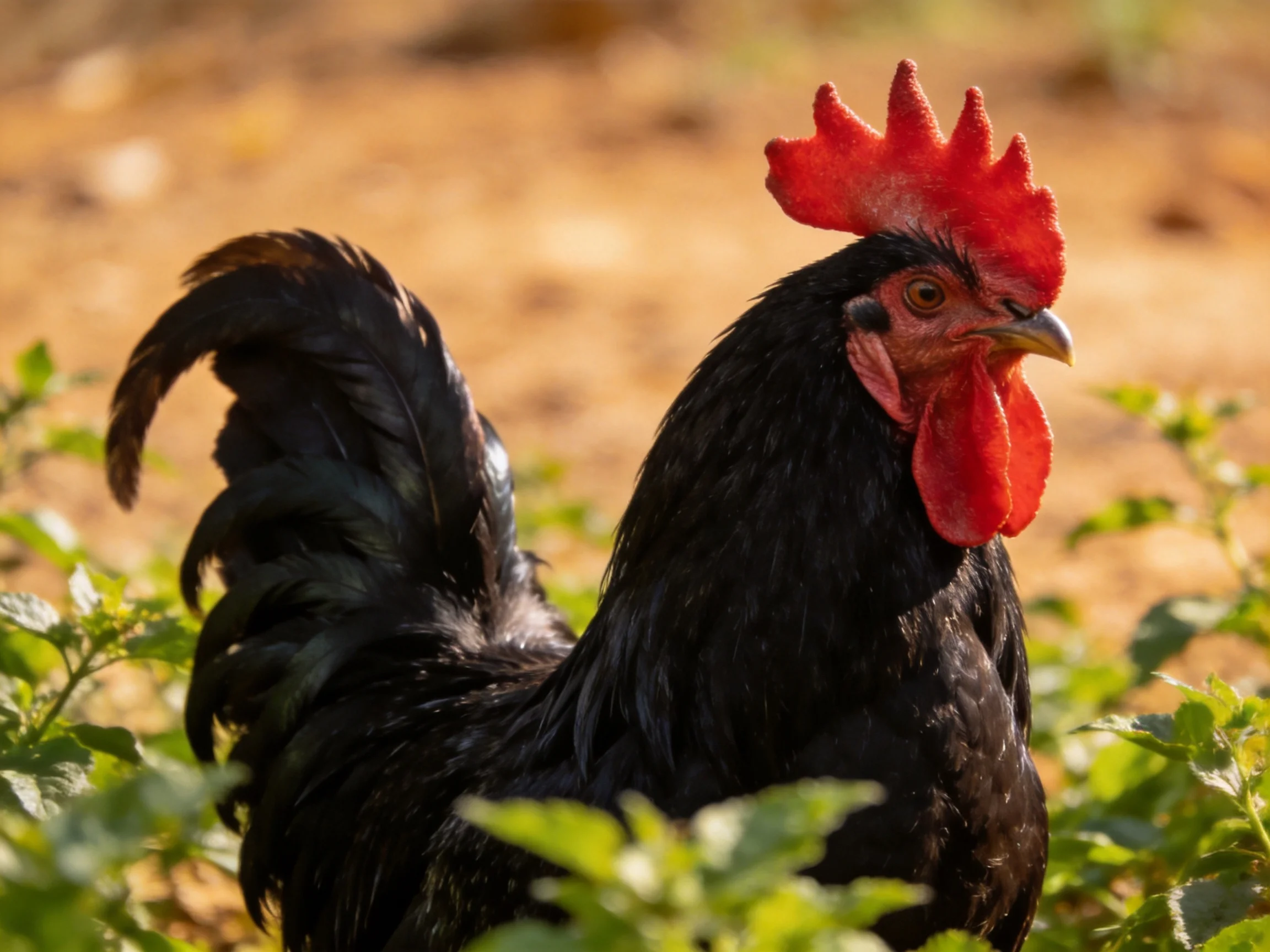 A black rooster with a red comb is situated among green plants.