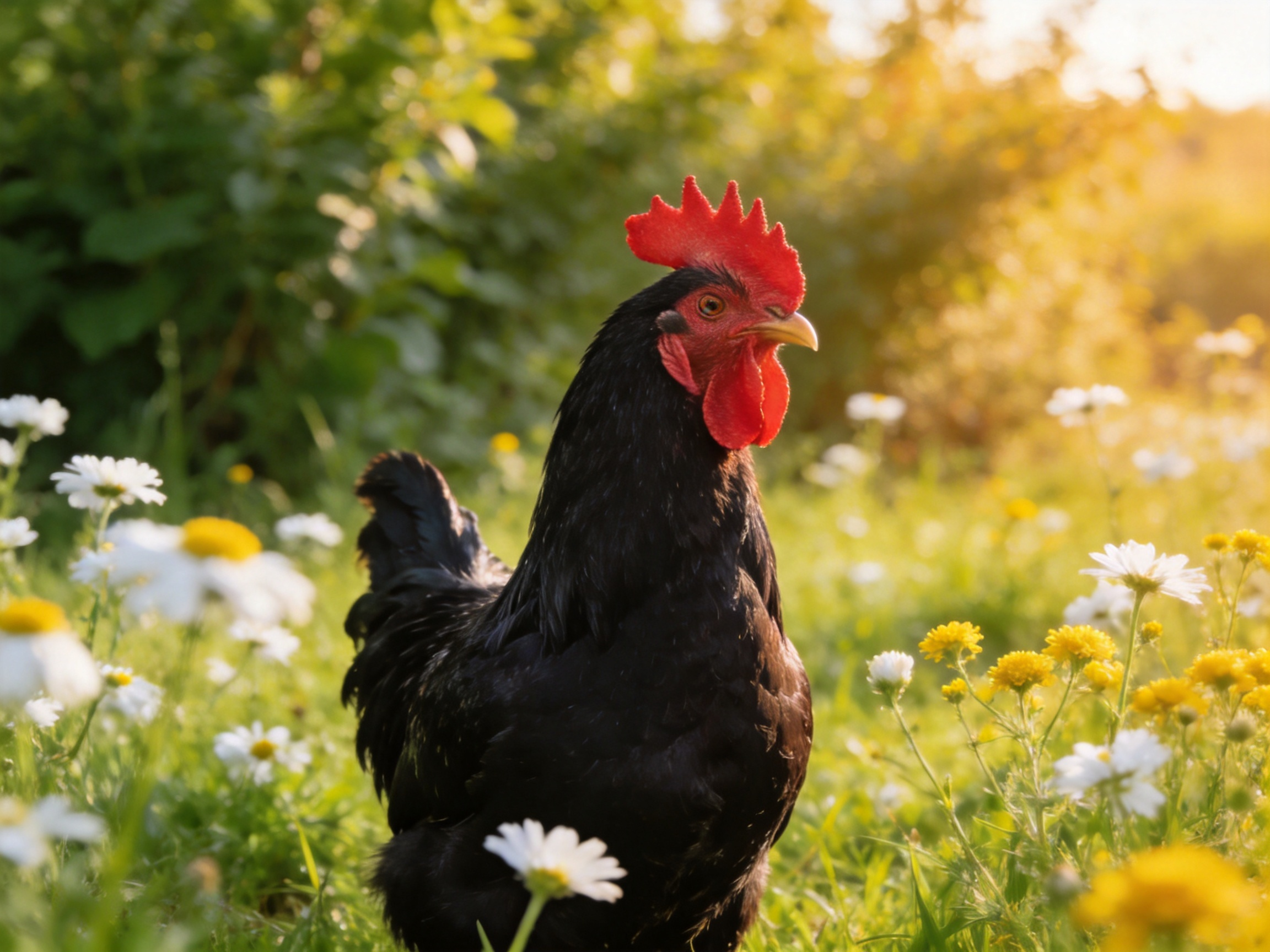 A black rooster with bright red comb among wildflowers in a sunlit meadow