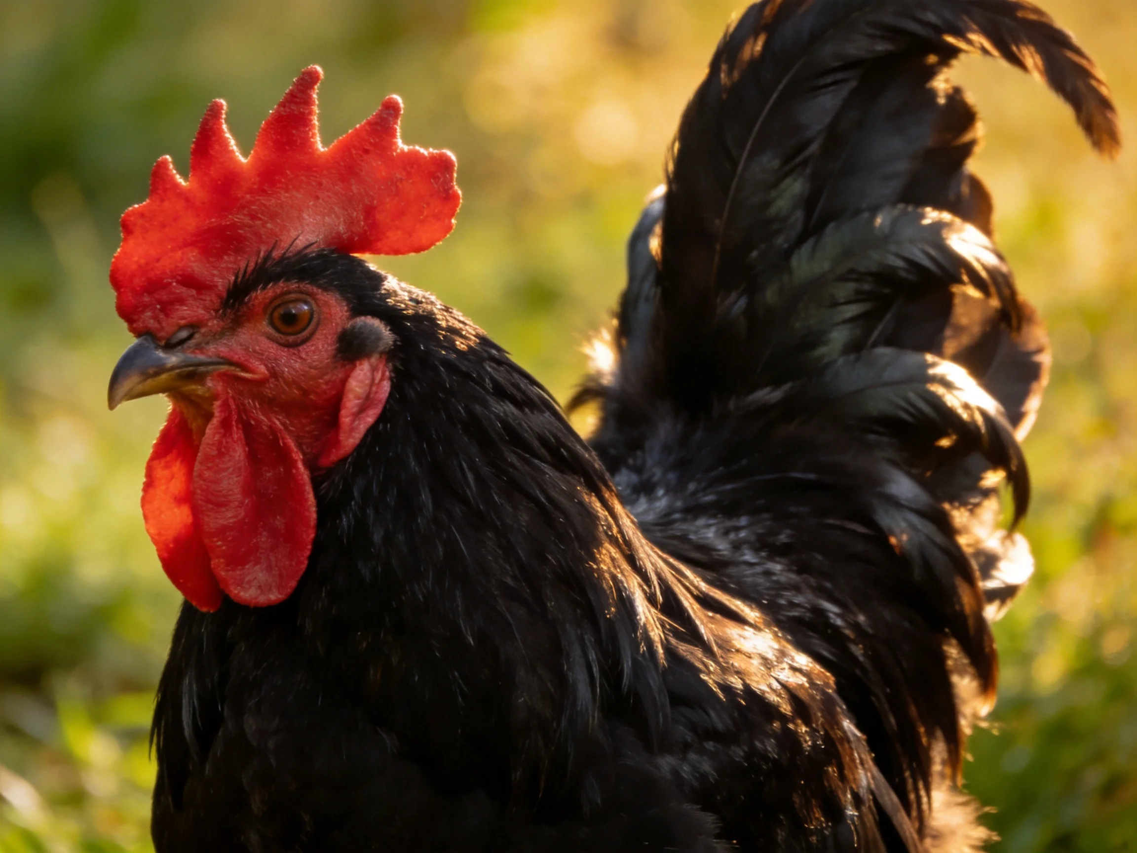 A black rooster with a red comb stands out against a blurred green background.