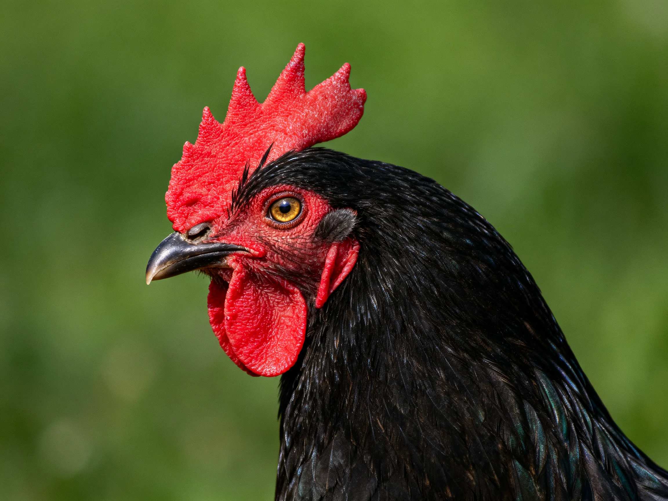 A close - up of a black rooster with vivid red facial features.
