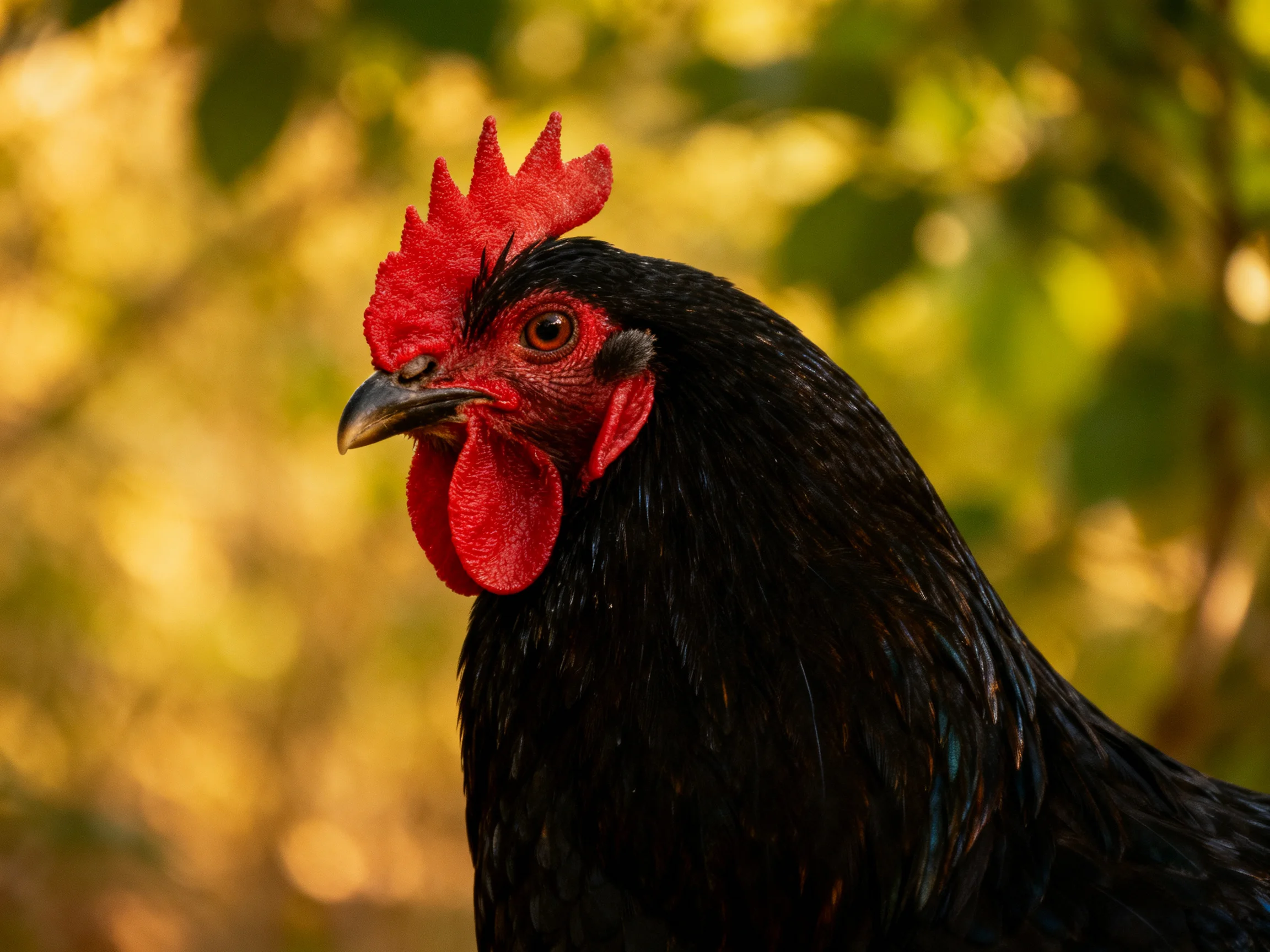 A black rooster with bright red comb and wattles in golden light
