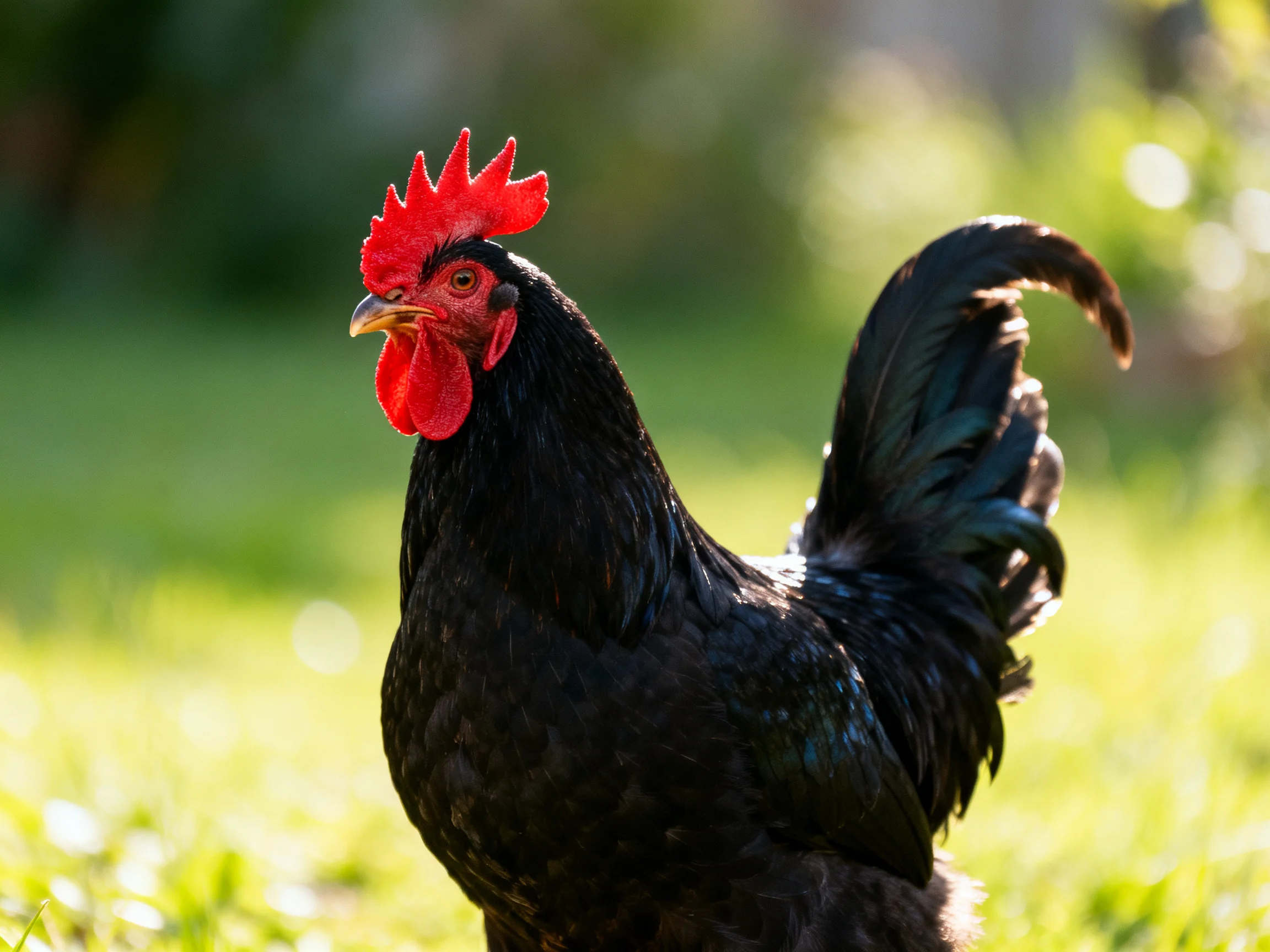 A black rooster with a bright red comb stands in a sunlit outdoor area.