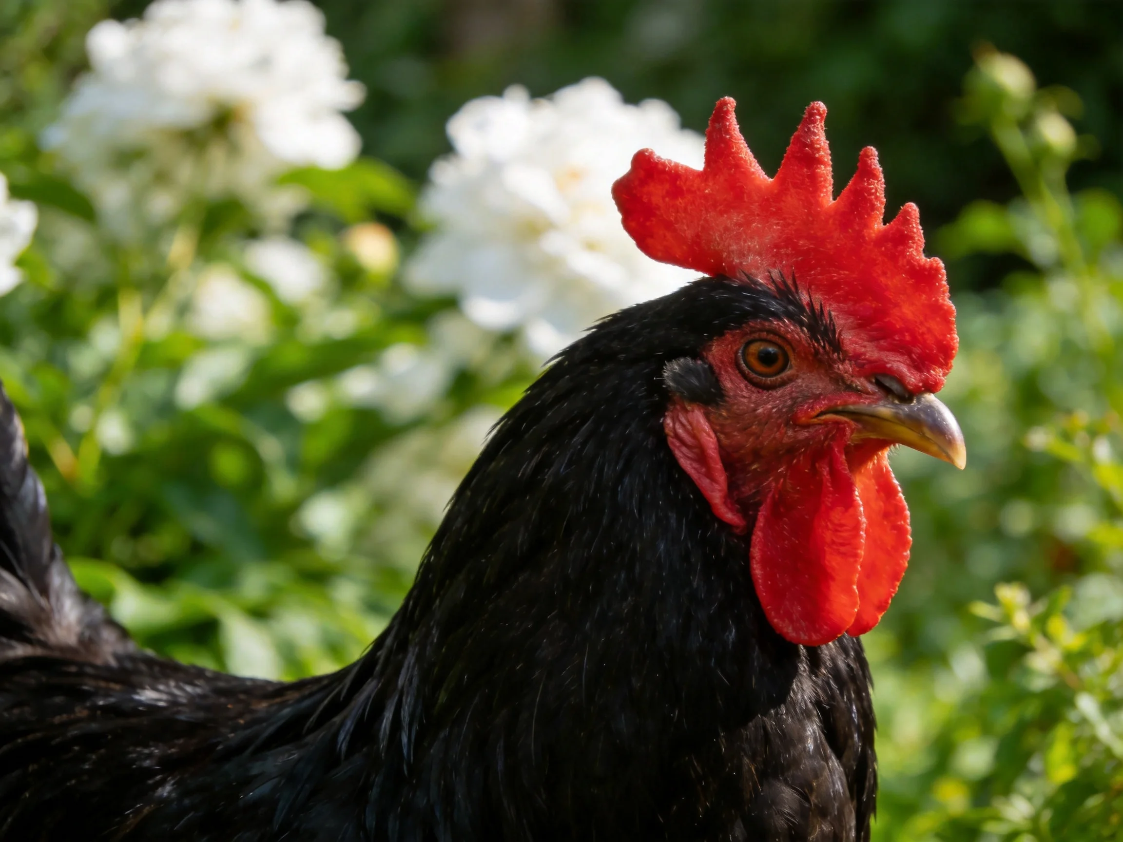 A black rooster with bright red comb near white flowers and greenery