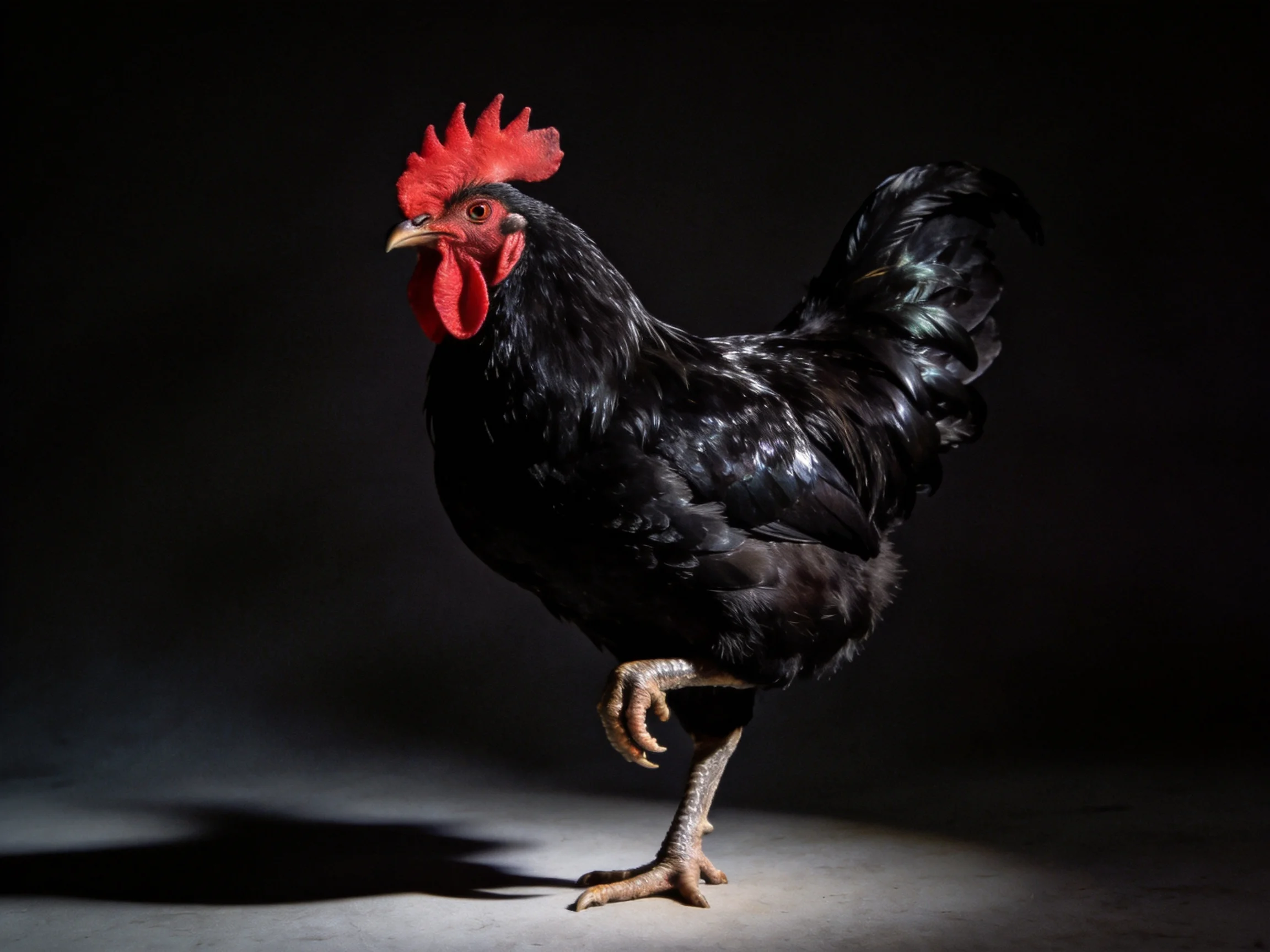 A black rooster with bright red comb standing on one leg
